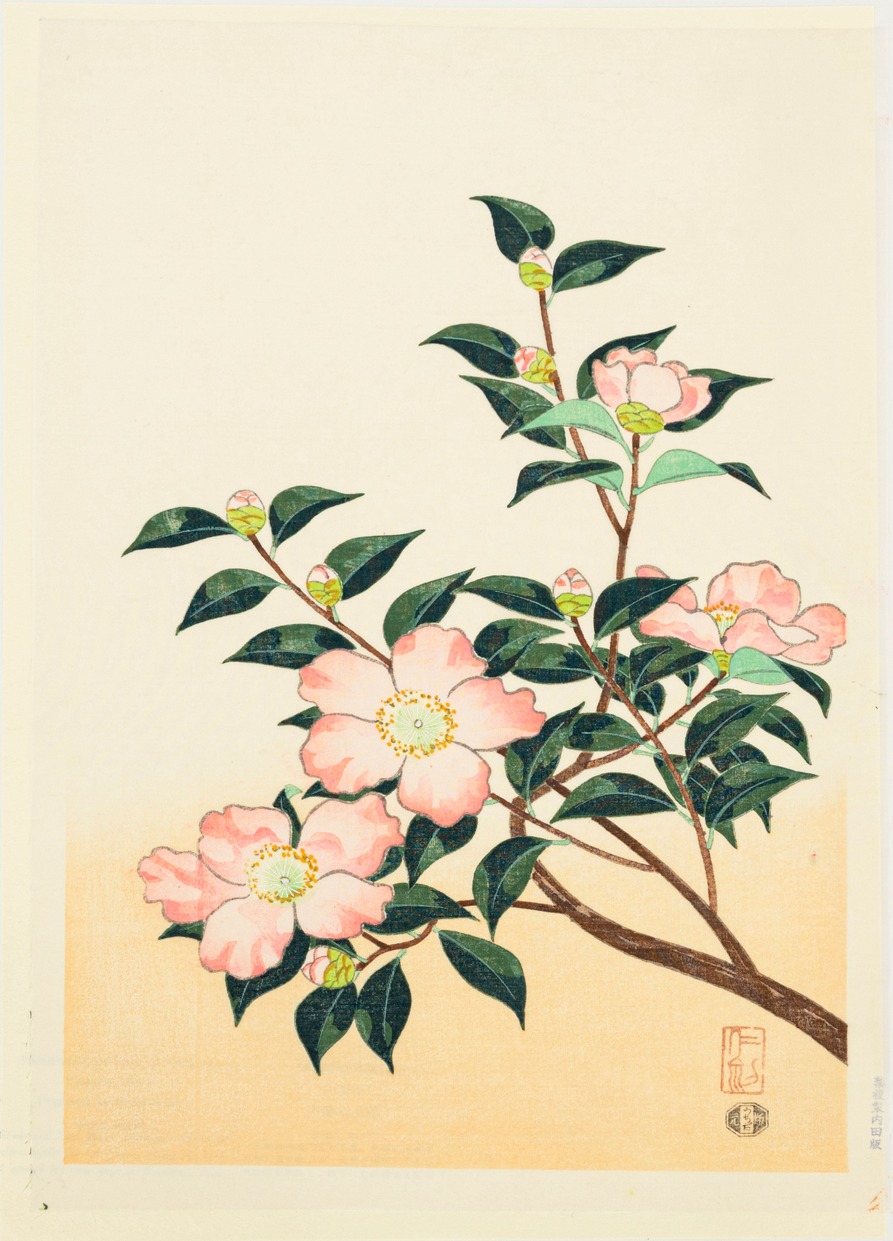 ITO NISABURO (1905-2001). "Tea-oil plant", träsnitt på silke , Shōwa-period, Japan, 1900-talets mitt.