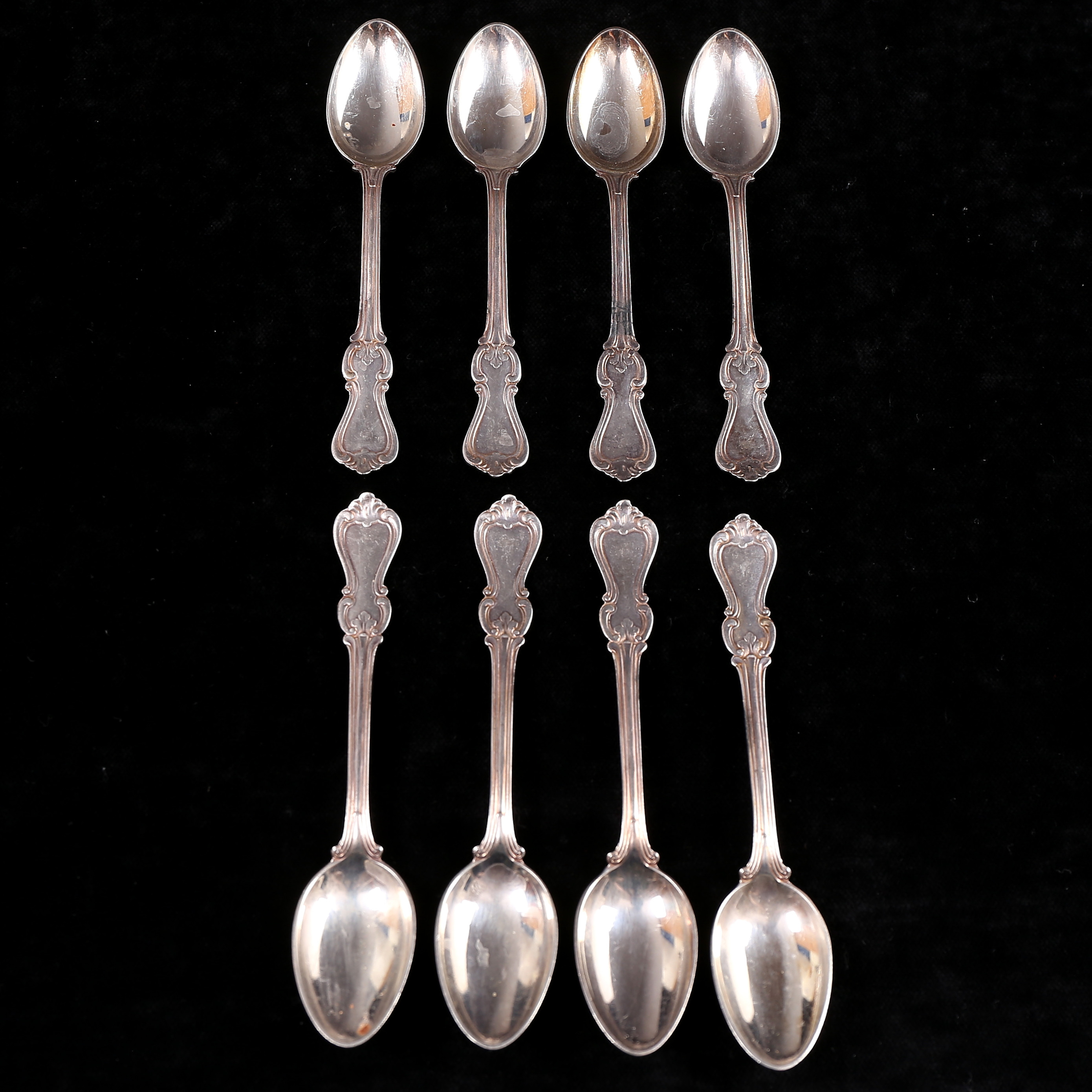 KAFFESKEDAR, 8 st, silver, "Olga", totalvikt 132 gram.