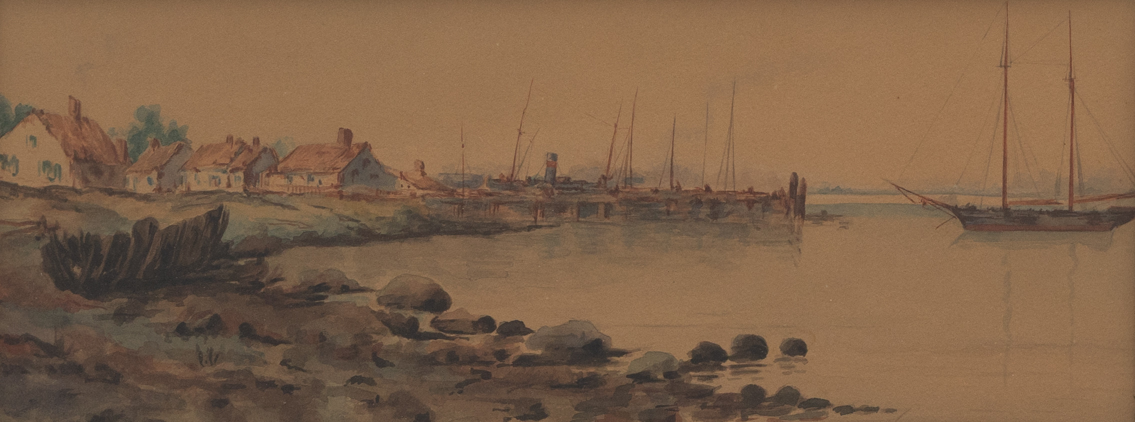 OKÄND KONSTNÄR. Fiskeläge med segelfartyg på redd, 1890-1920-tal, akvarell, osignerad.