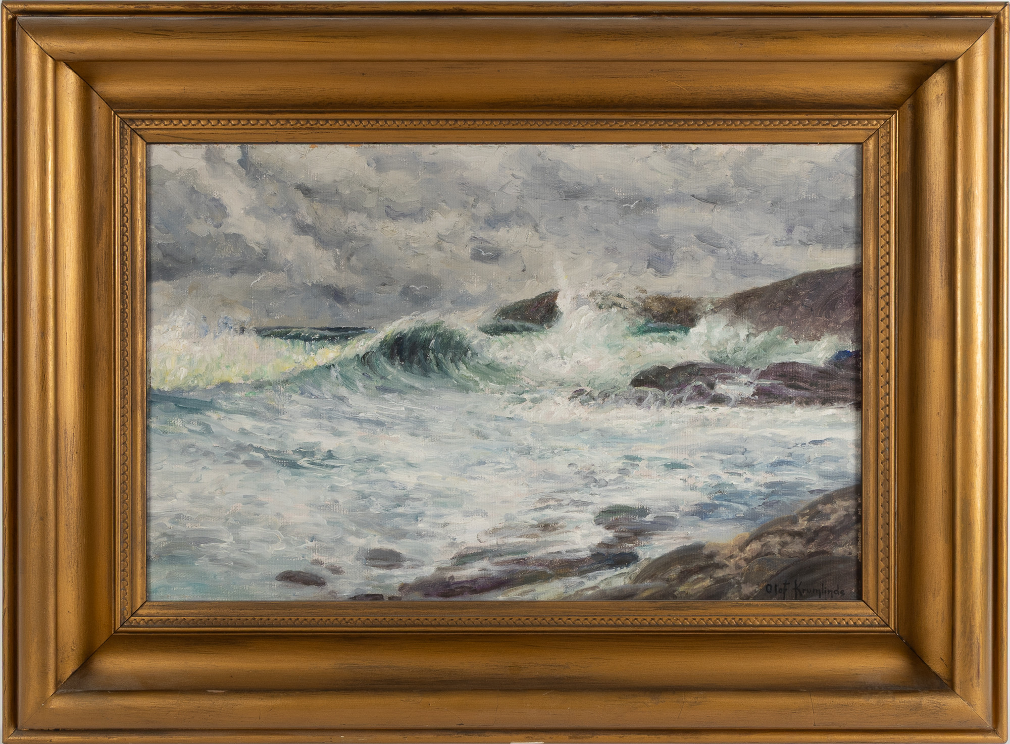 OLOF KRUMLINDE. Olja på pannå, Kustmotiv.