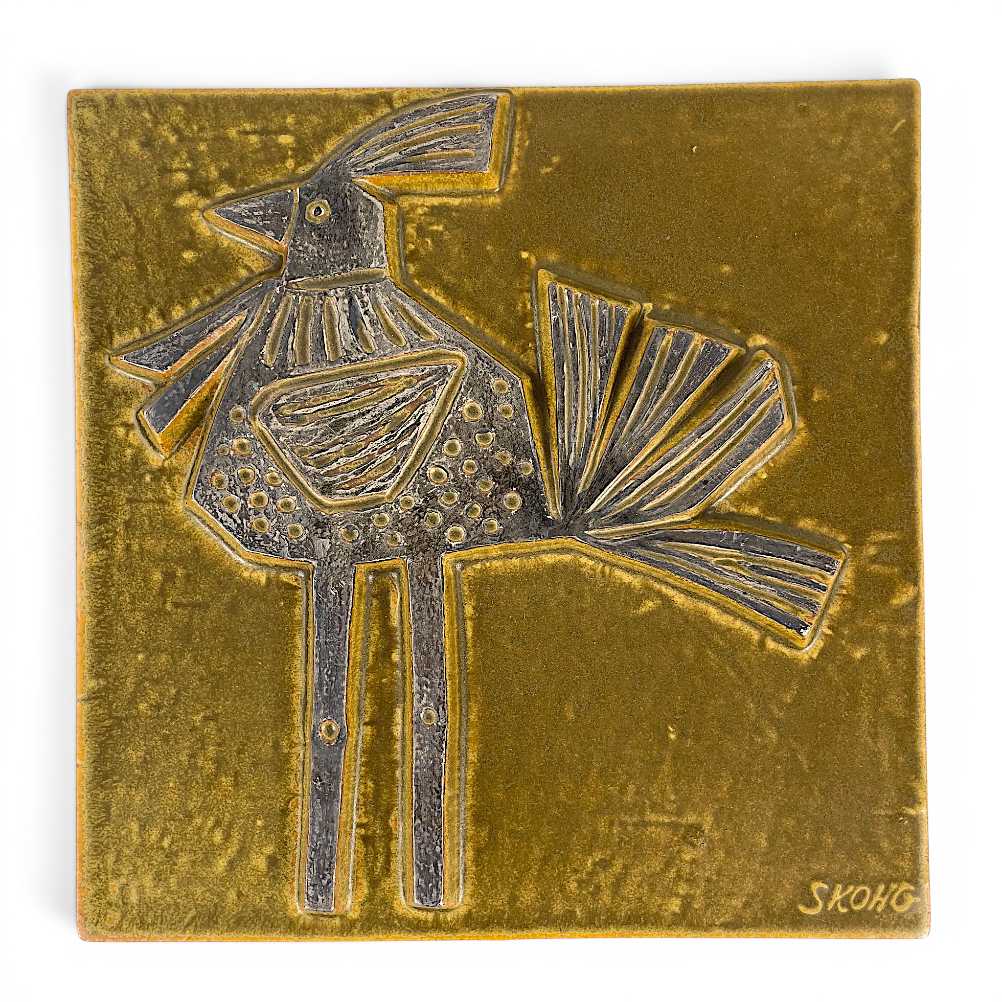 BÖRJE  SKOHG. Väggplakett, glaserat stengods, Tupp, Börje Skohg Atelje, Gustavsberg, stämpelmärkt samt signerad Skohg, 1900-talets andra hälft.
