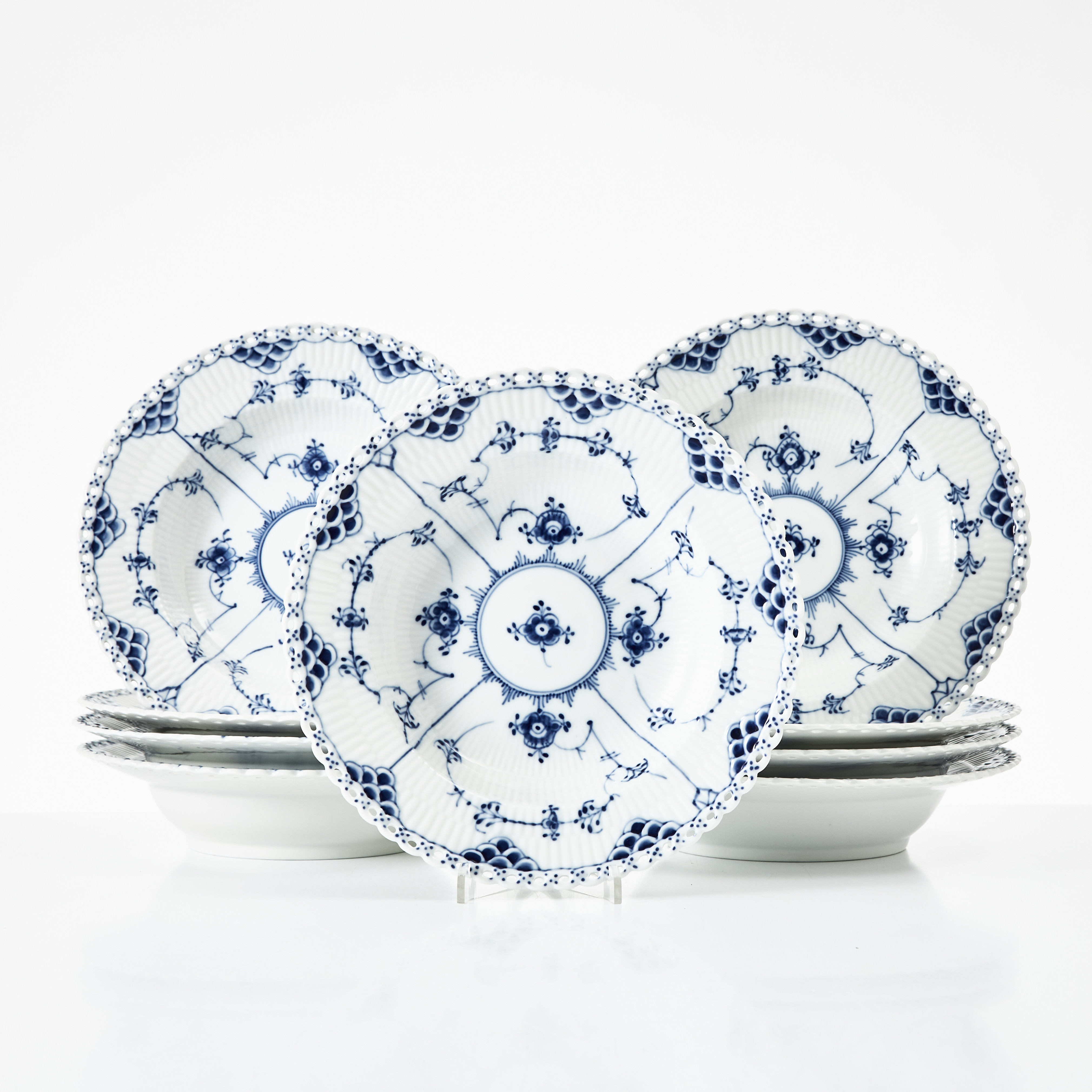 ROYAL COPENHAGEN, "Musselmalet - Blue Fluted Full Lace", djupa mattallrikar, 9 st., porslin, Danmark, 1900-talets andra hälft, nr 1079, helblonde.