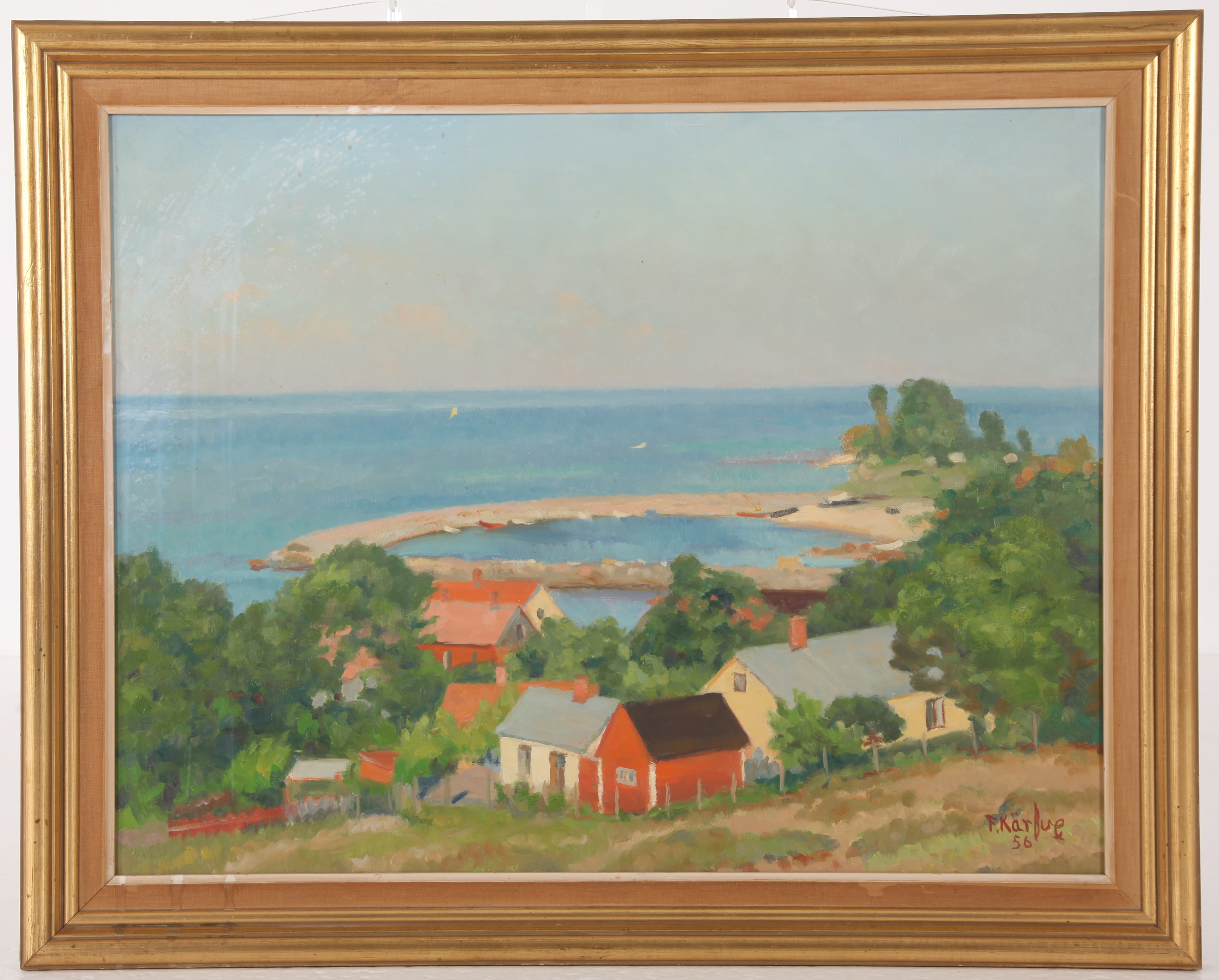 FRITZ KÄRFVE. 1880-1967. Olja på duk, Skånskt hamnmotiv, signerad 1955.