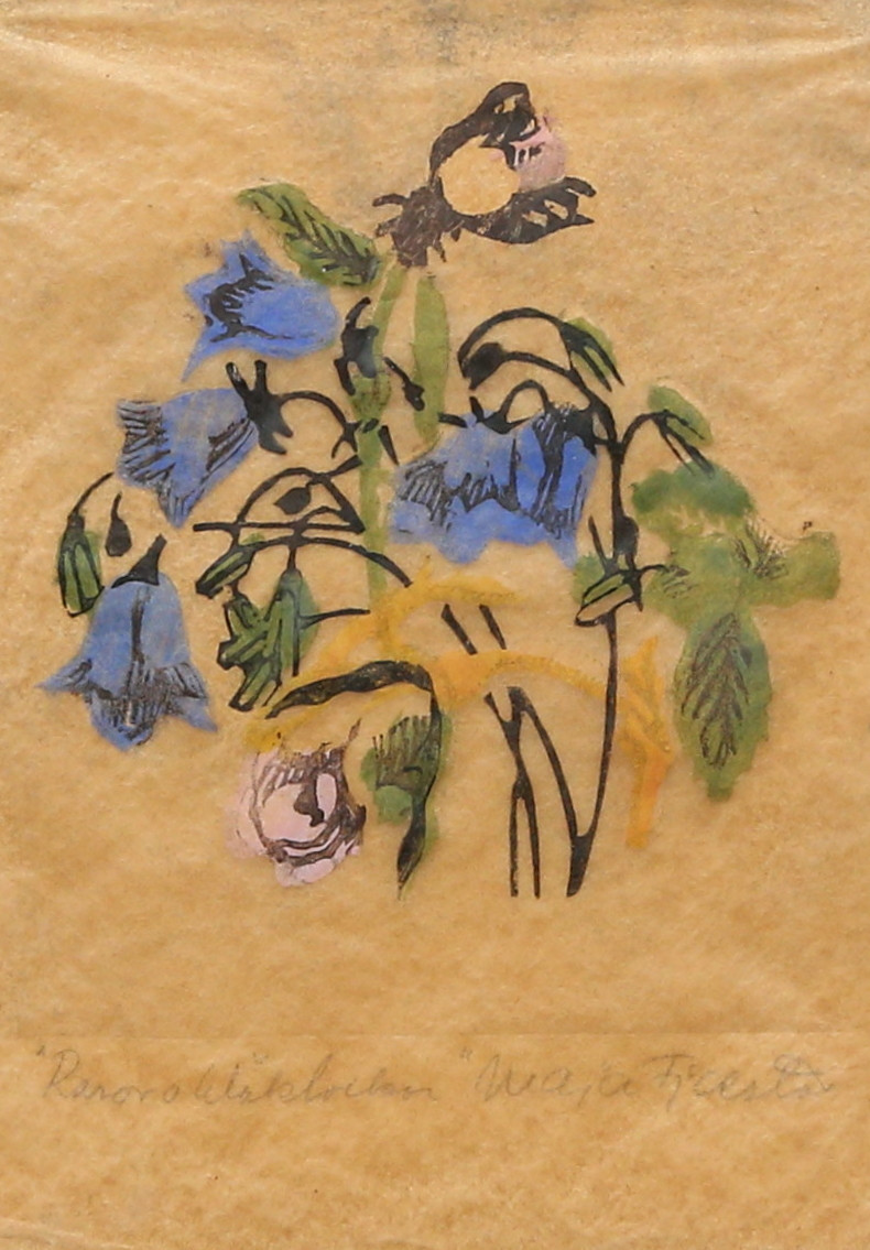 MAJA FJÆSTAD. Träsnitt, "Rosor och blåklockor", signerad.