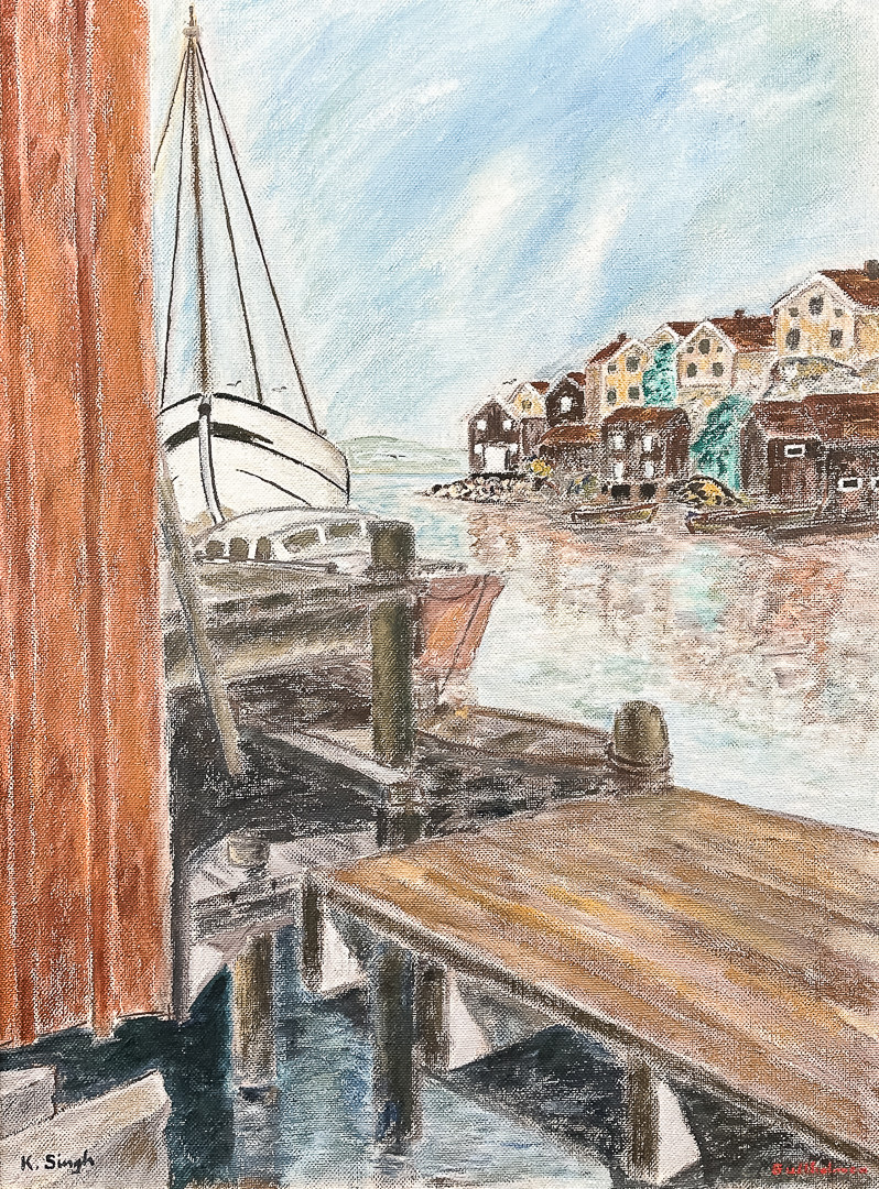 OLJA PÅ DUK, "Norra hamnen, Gullholmen", signerad K. Singh.