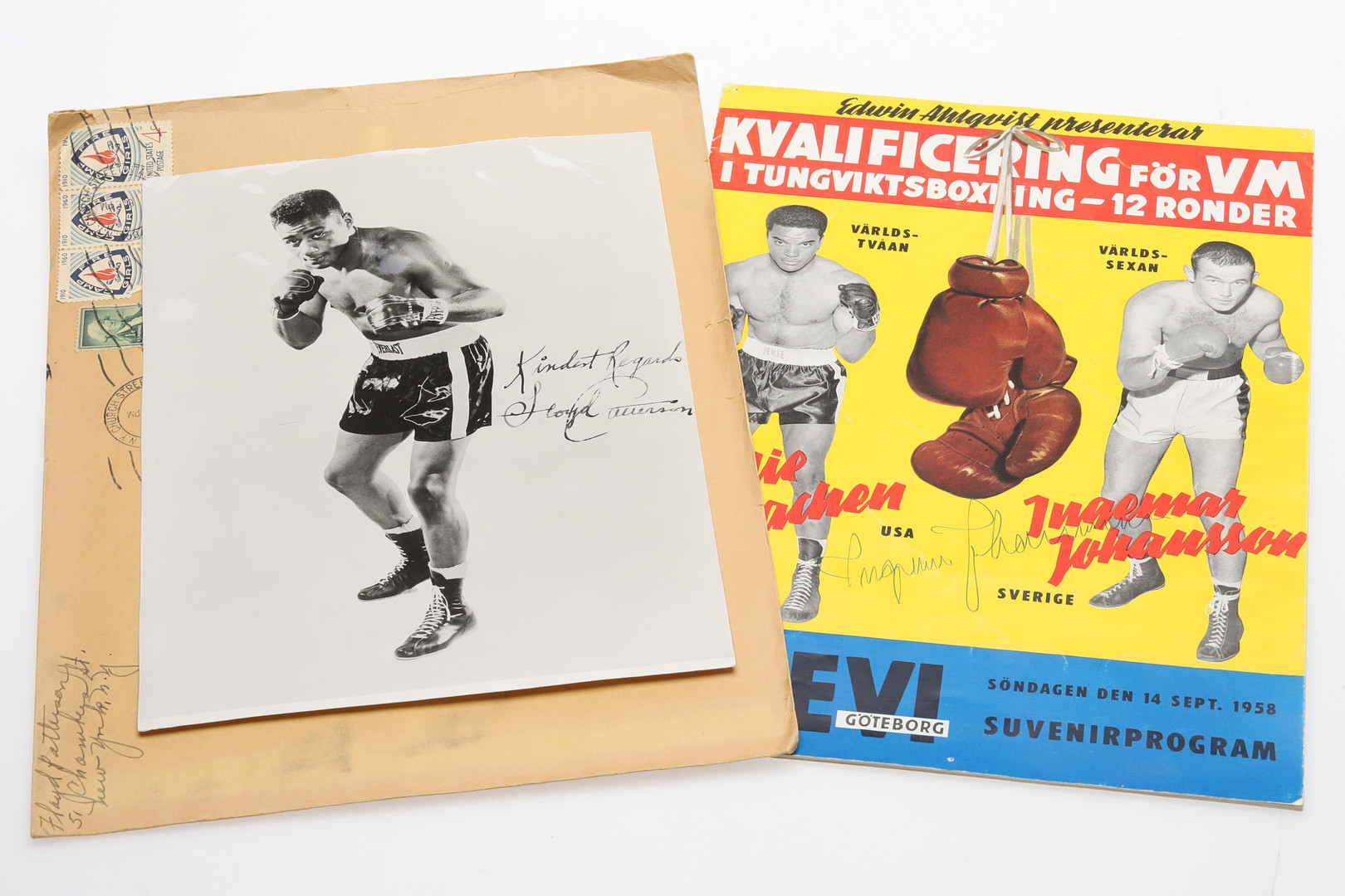 SIGNERAD BOXNINGSMEMOARBILIA, program för matchen 1958 & ett fotografi, Floyd Pattersson och Ingemar "Ingo" Johansson.