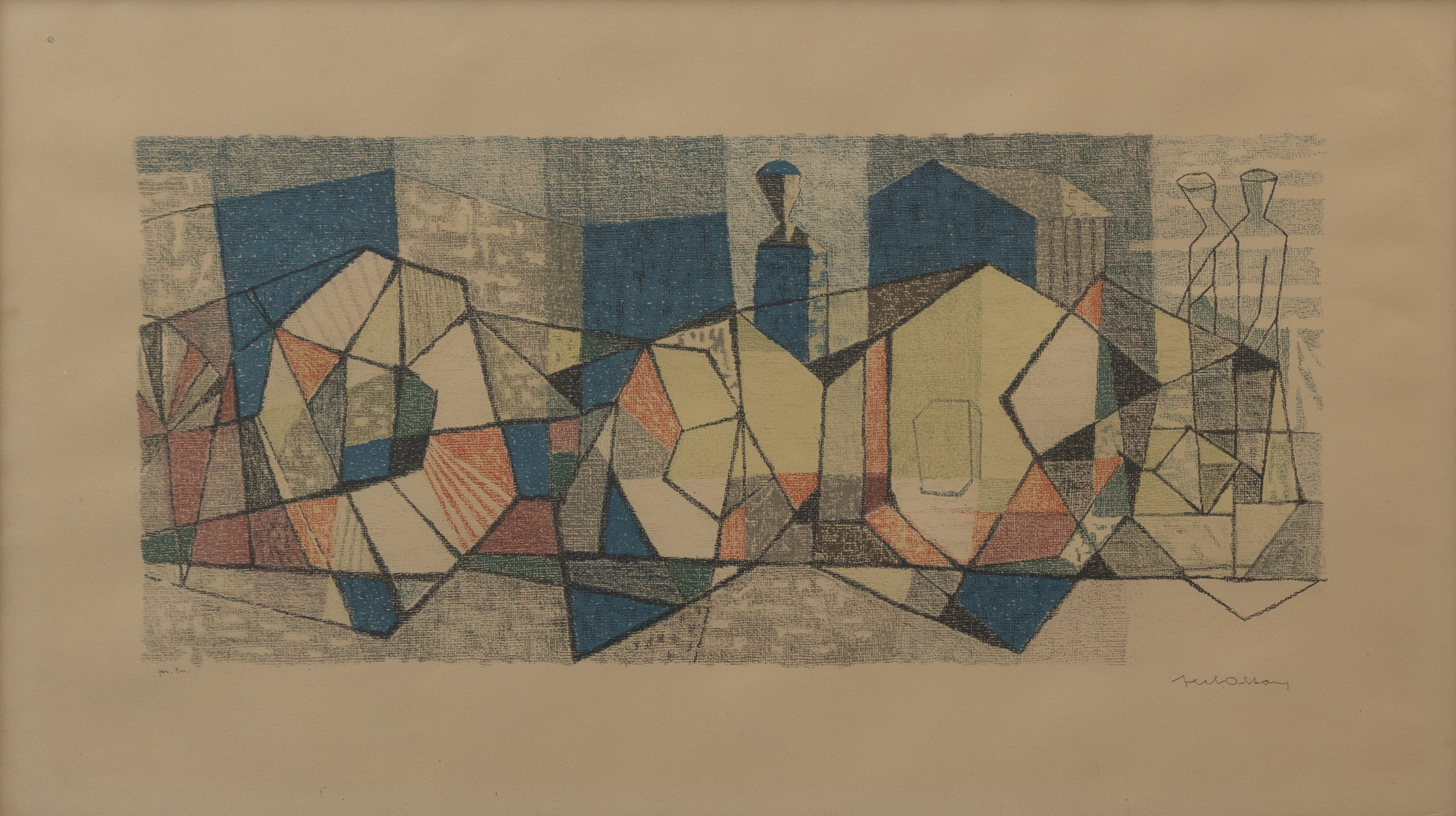 AXEL OLSON. Kubistisk komposition med figurer, litografi, signerad.