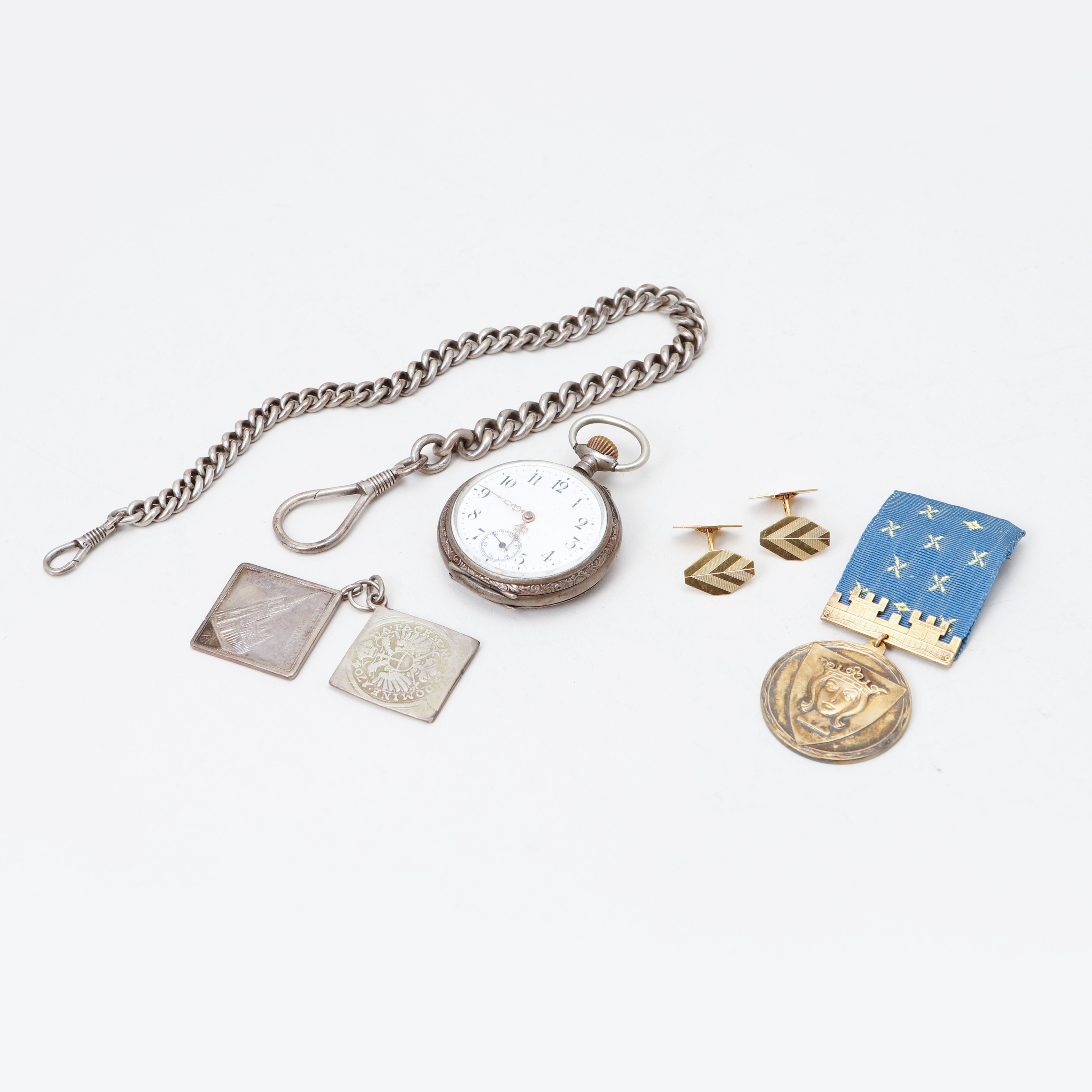 MEDALJ, HÄNGEN, FICKUR och MANSCHETTKNAPPAR, silver.