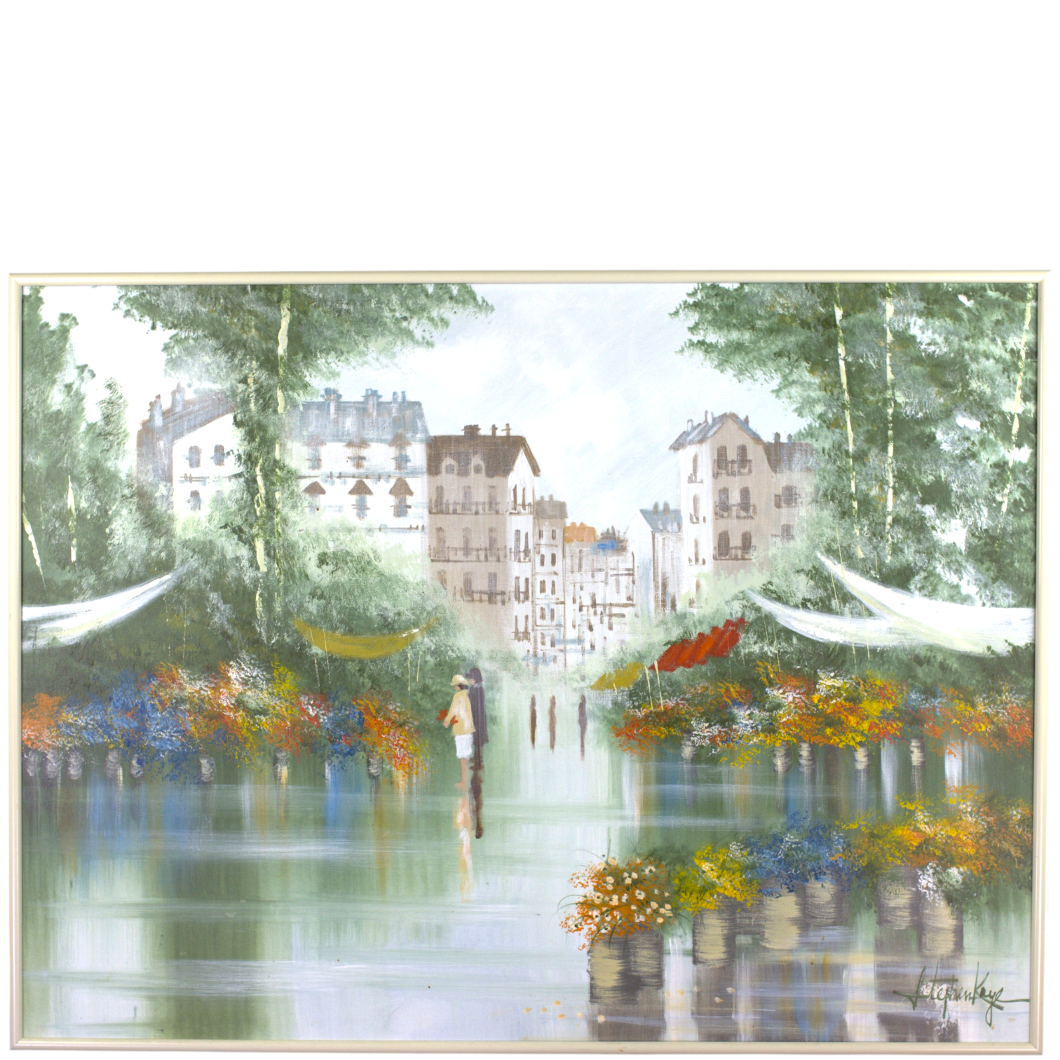 STEPHEN KAYE. Olja på duk, blomstertorg i stadsmiljö, signerad.