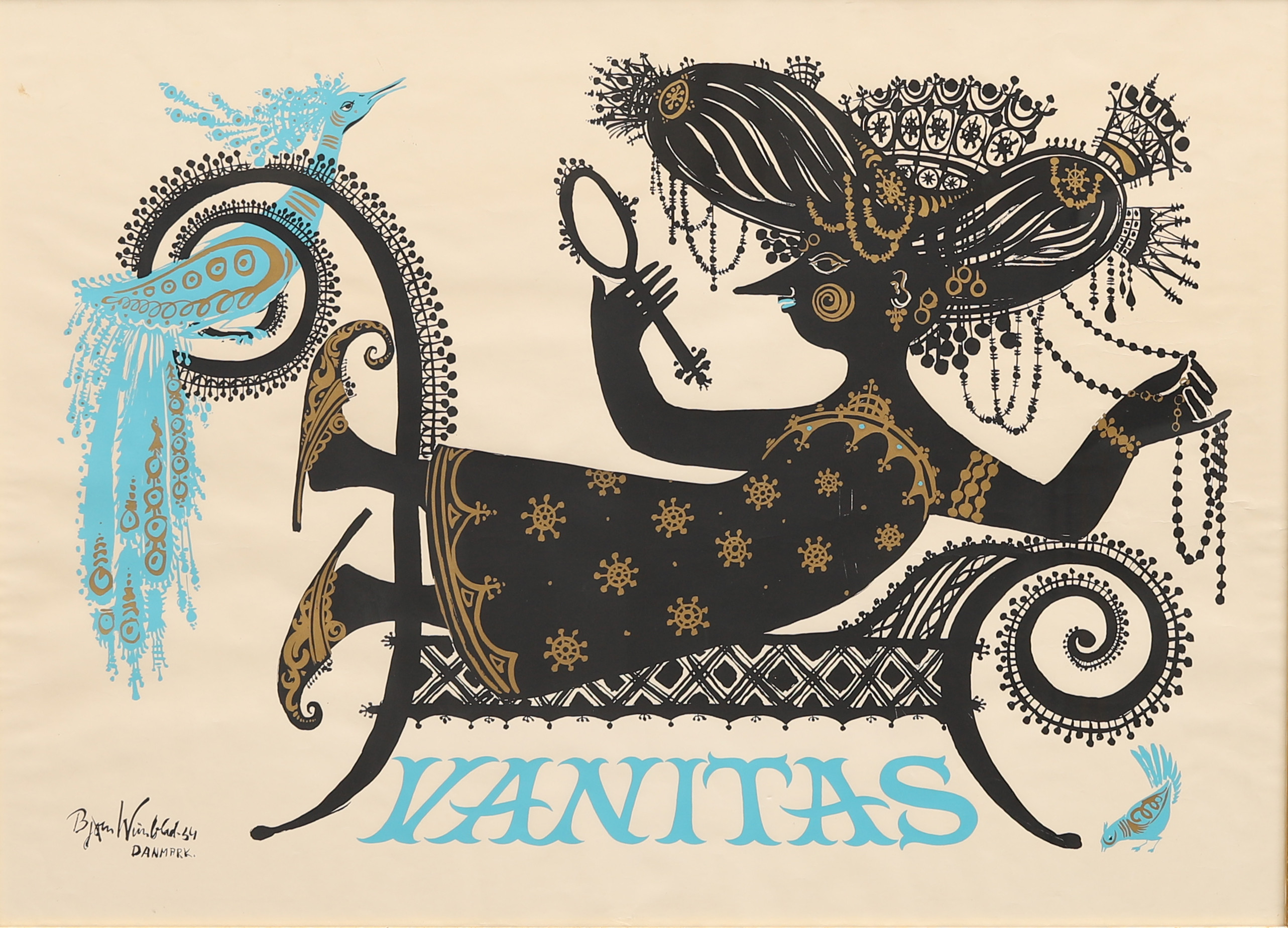 BJÖRN WIINBLAD. Affisch. färgserigrafi, "Vanitas" i svart, ljusblått och silver. Tryckt signatur Björn Wiinblad -54 Danmark.