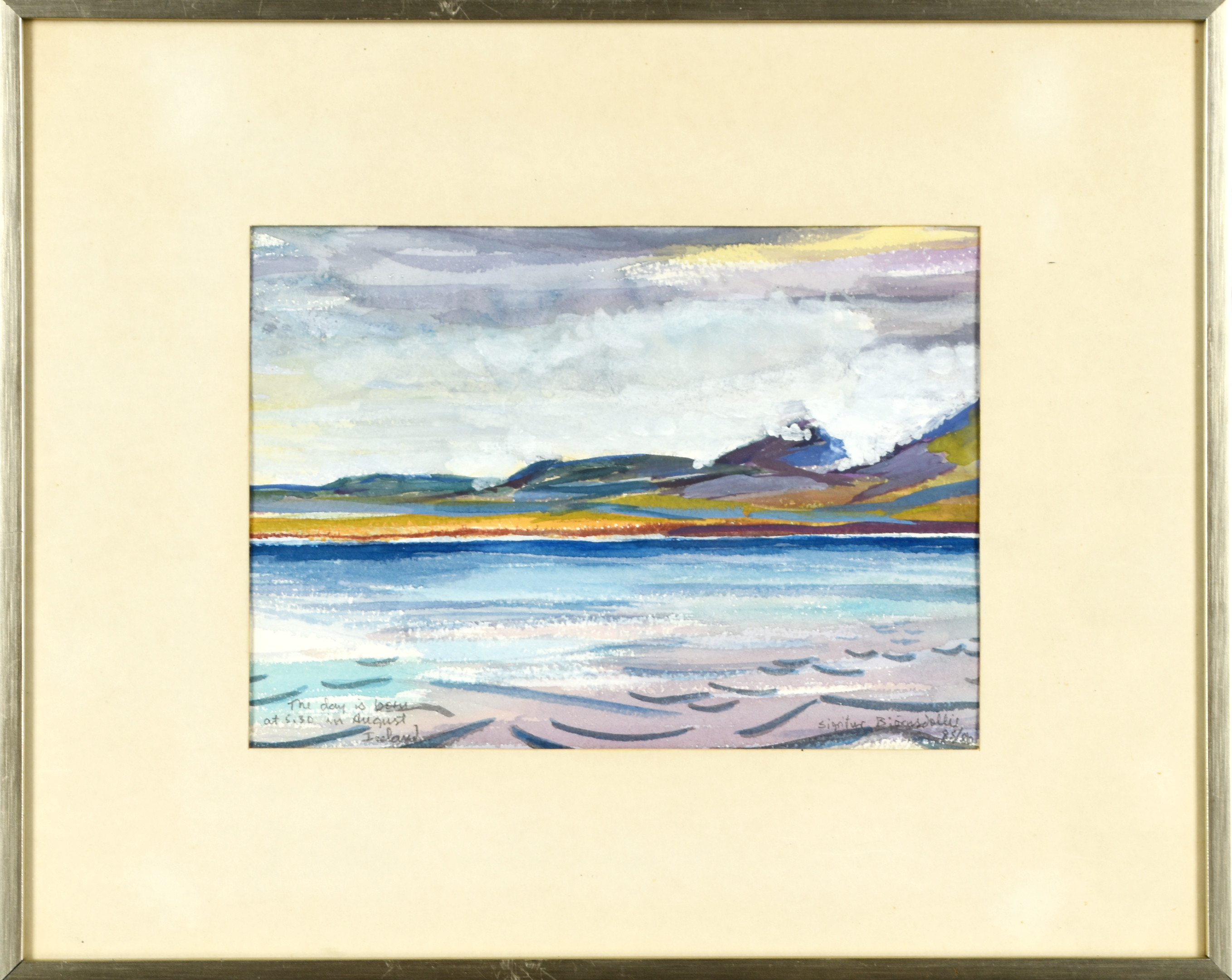 SIGRIDUR BJÖRNSDOTTIR. Blandteknik på papper, Landskapsmotiv Island, Signerad, 1985-86.