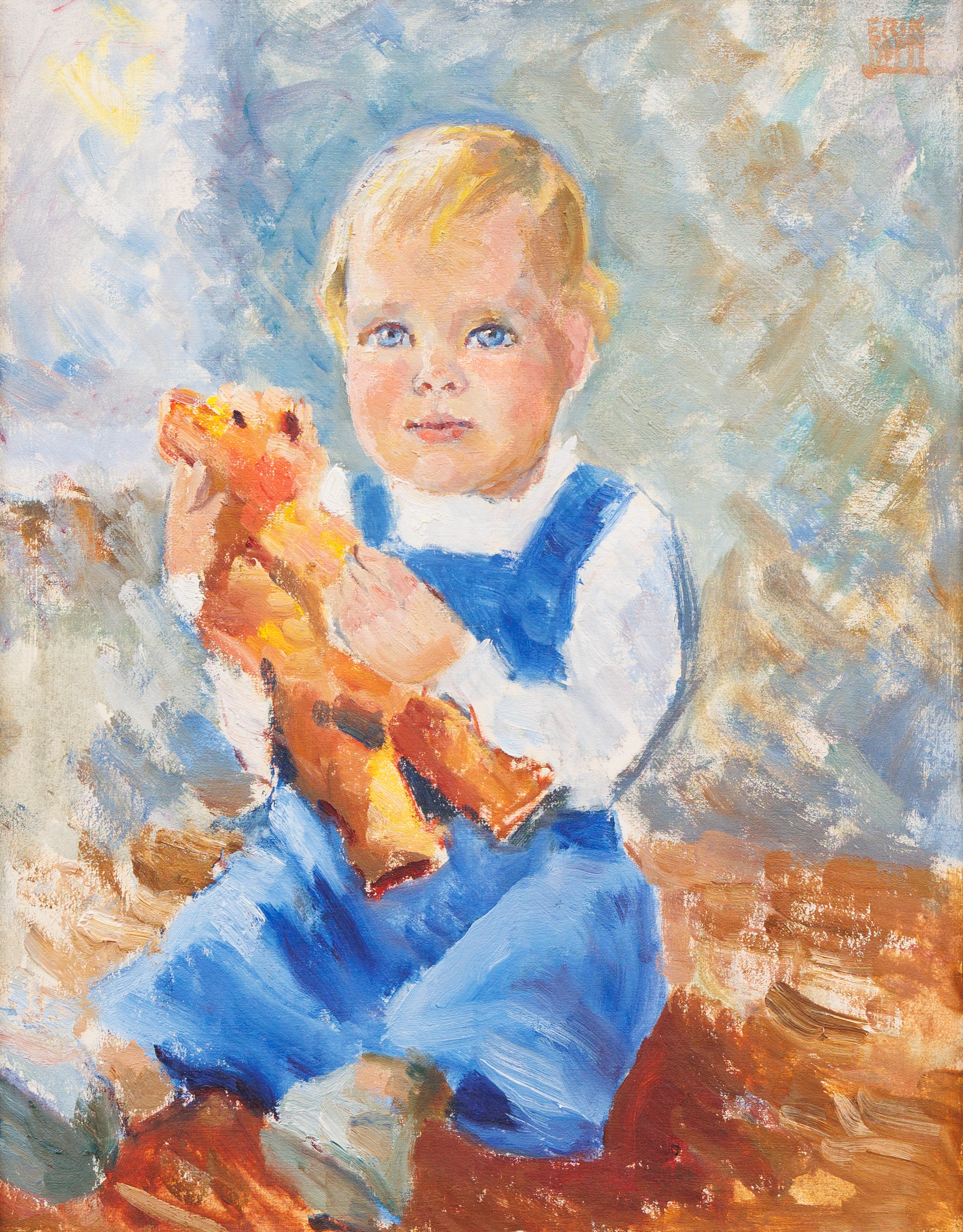 OIDENTIFIERAD KONSTNÄR. Pojke med nalle, olja på duk, otydligt signerad.