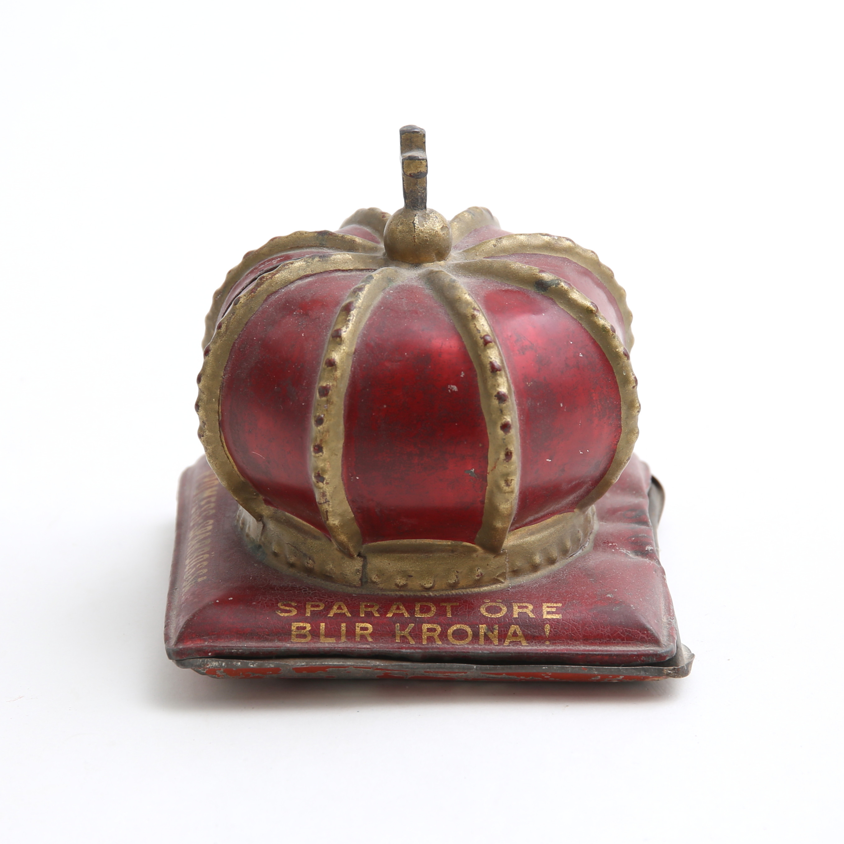 SPARBÖSSA, "Sparadt öre blir kronan", metall, 1800-tal, Lifförsäkringsbolaget Kronan, Stockholm.