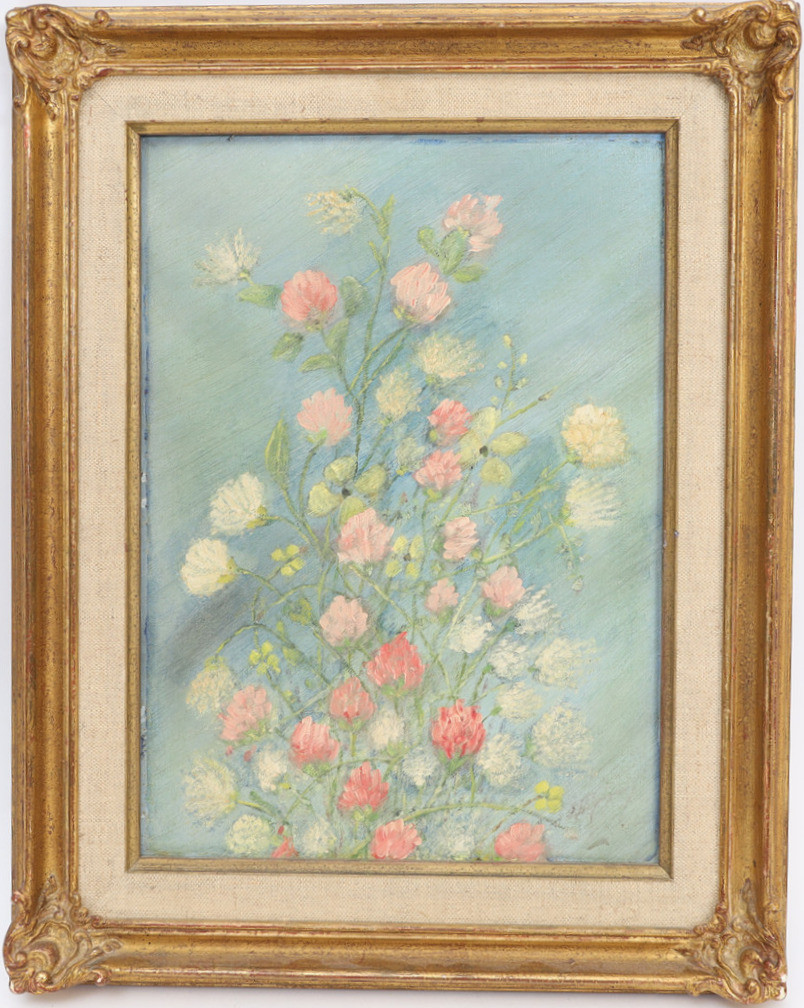 OKÄND KONSTNÄR. Troligen Frankrike, blomster, oljemålning på pannå, baksida med text och etikett.