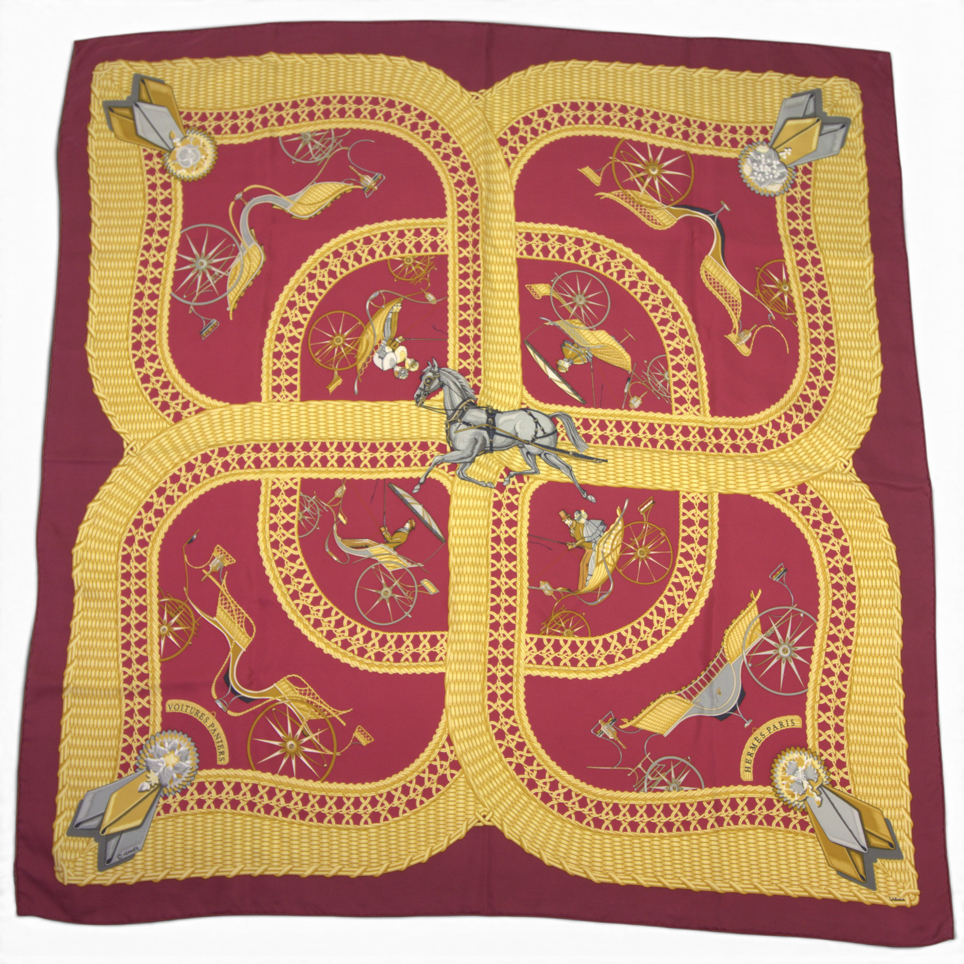 HERMÉS, scarf, "Voitures Paniers", siden, design Julia Abadie, 1984, Frankrike.