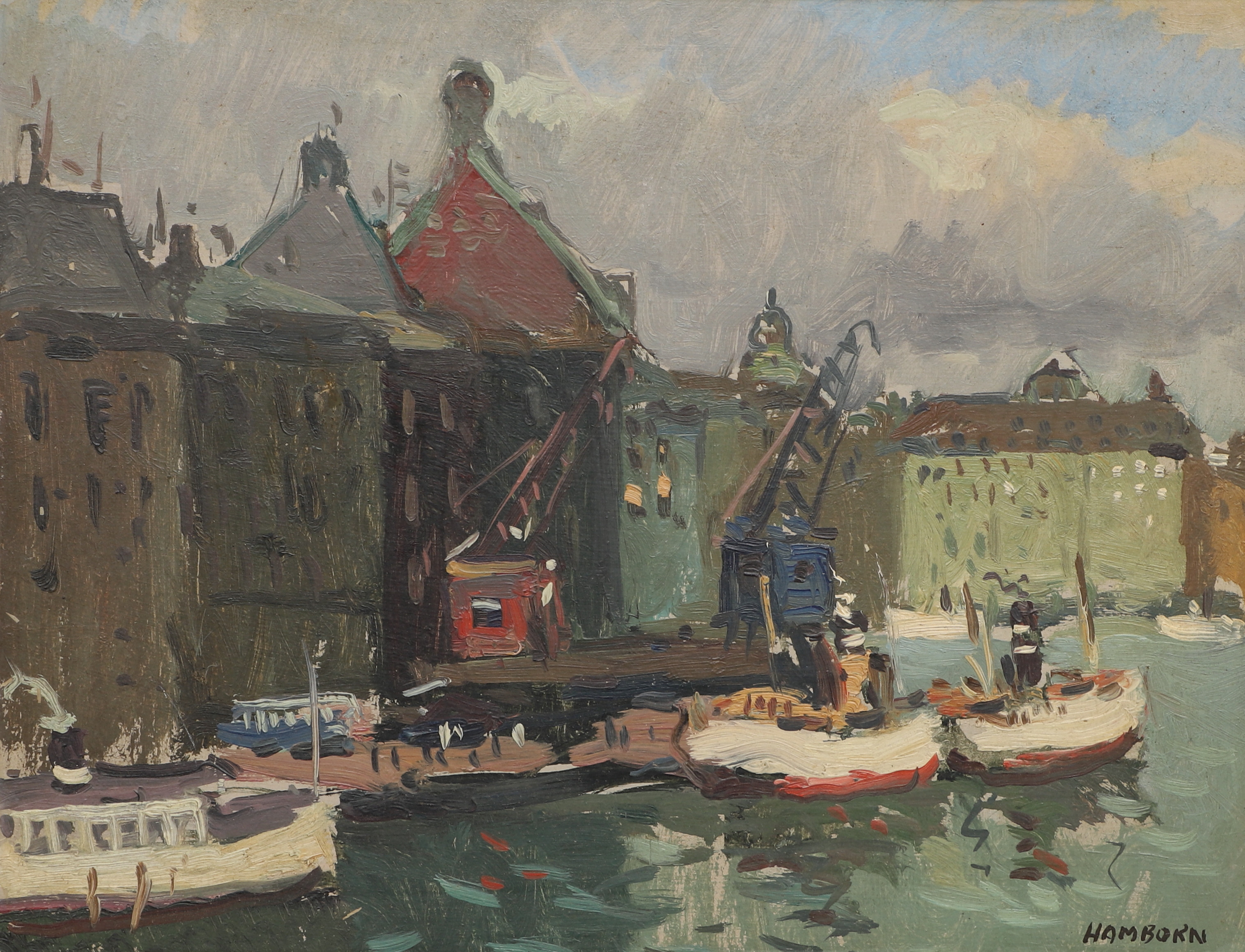 AXEL HAMBORN. Olja på pannå, Hamnmotiv, signerad, Stockholm, 1900-tal.