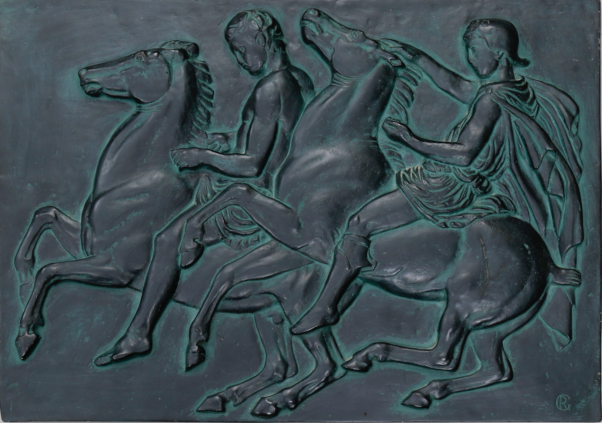 VÄGGRELIEF, patinerat gips, detaljer från Parthenon-frisen, signerad.