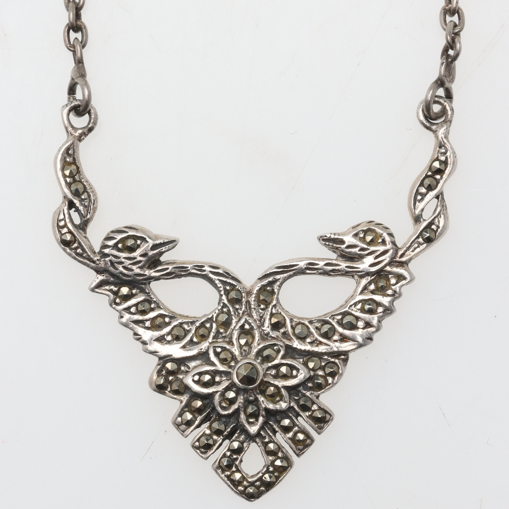 COLLIER, fåglar, sterlingsilver med markasiter.