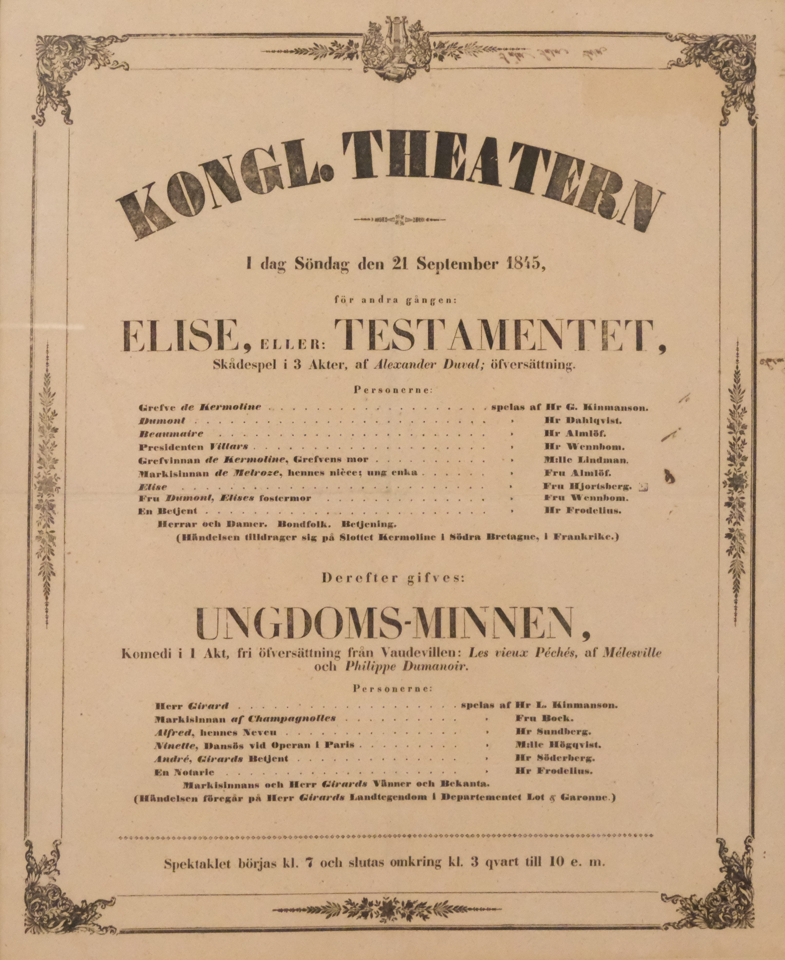 TEATERAFFISCH. "KONGL. THEATERN / ELISE OCH UNGDOMS-MINNEN". ÅR 1845.