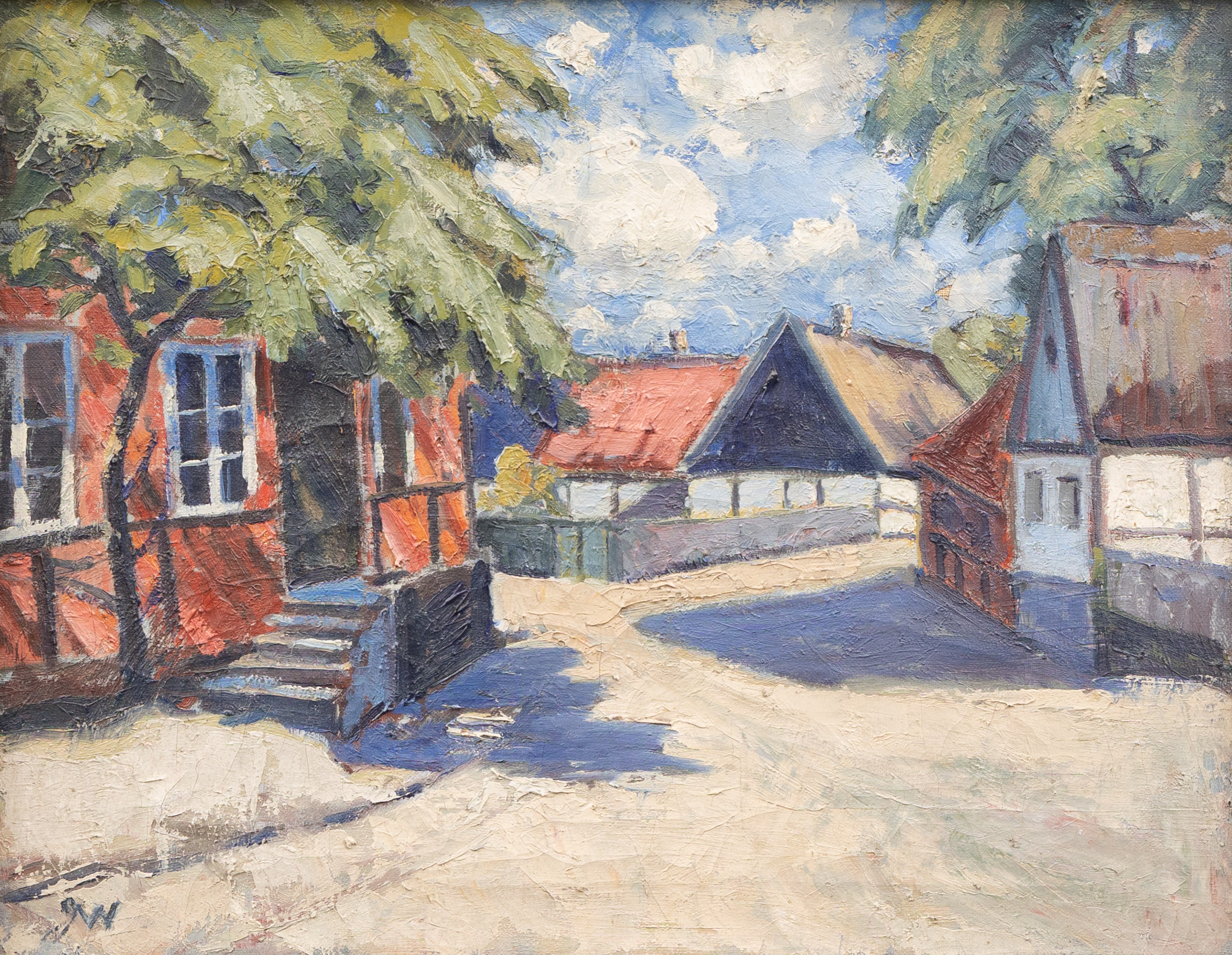 OIDENTIFIERAD KONSTNÄR. Gatumotiv, olja på duk, otydligt signerad.