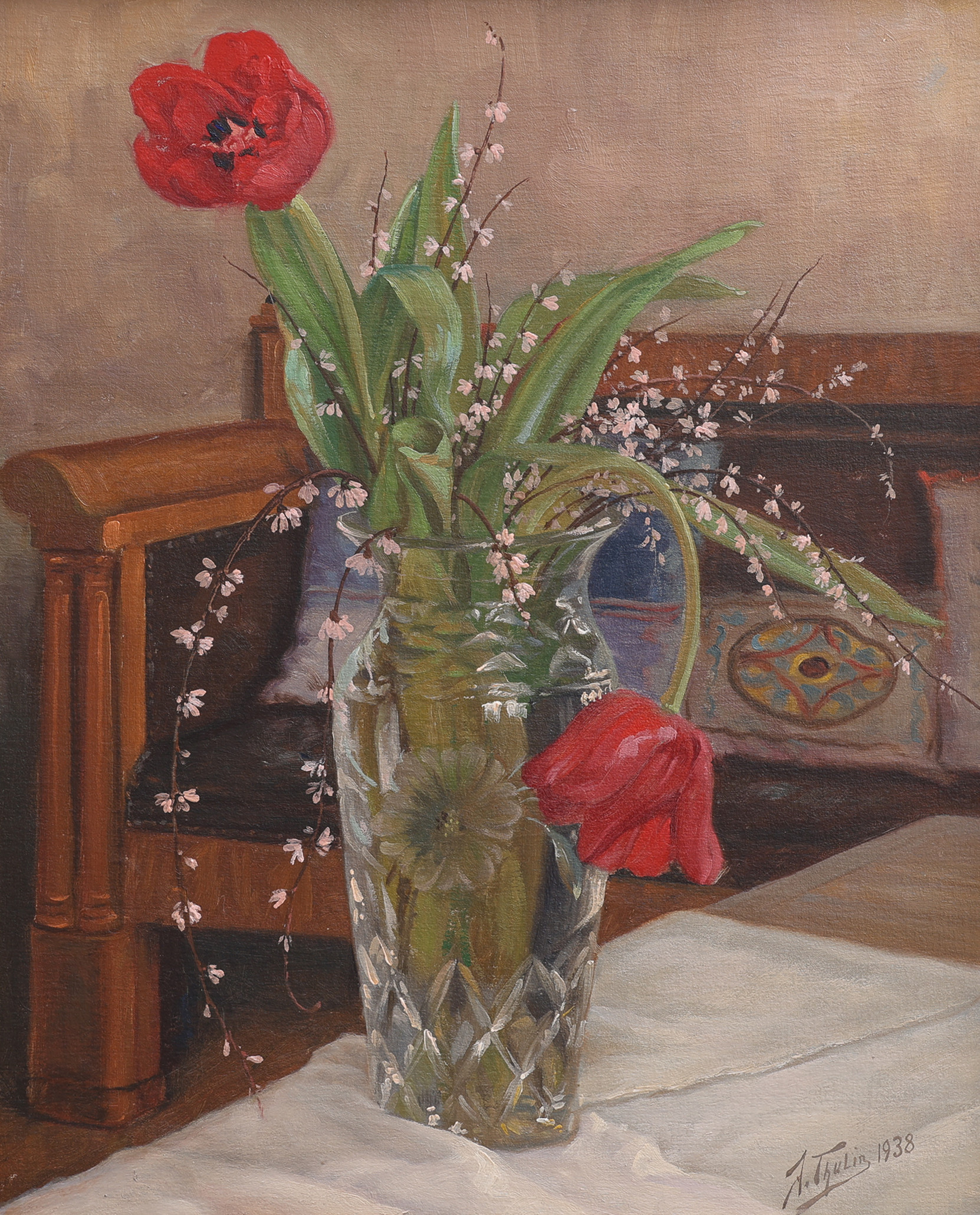 JÖNS THULIN 1867-1963. OLJA PÅ PANNÅ, BLOMSTERSTILLEBEN, SIGNERAD OCH DATERAD 1938.