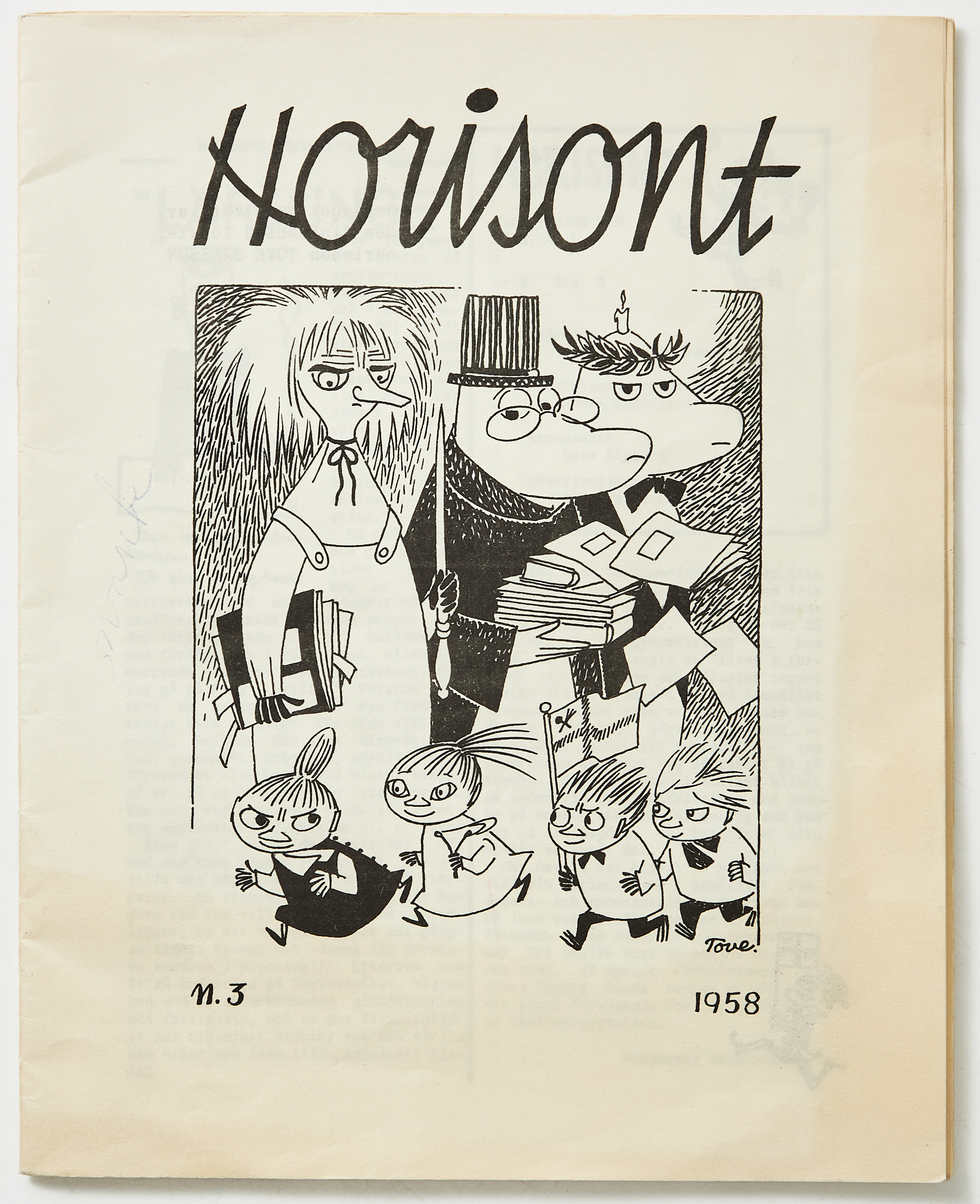 HORISONT, nr. 3, 1958, omslaget med illustration av Tove Jansson, skoltidning, Uppsala.