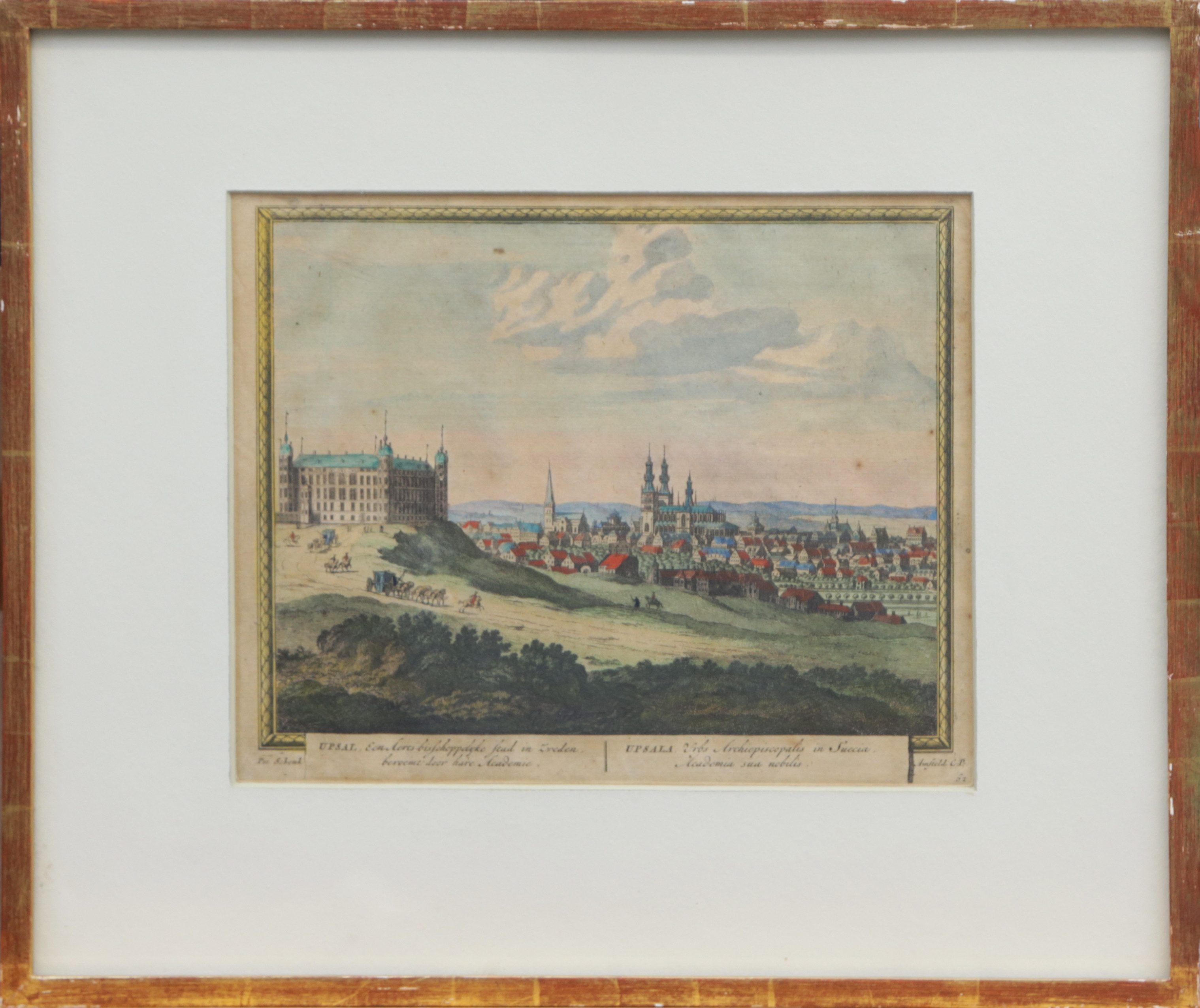 GRAFISKT BLAD, handkolorerat, Upsala-motiv, 1700-tal.