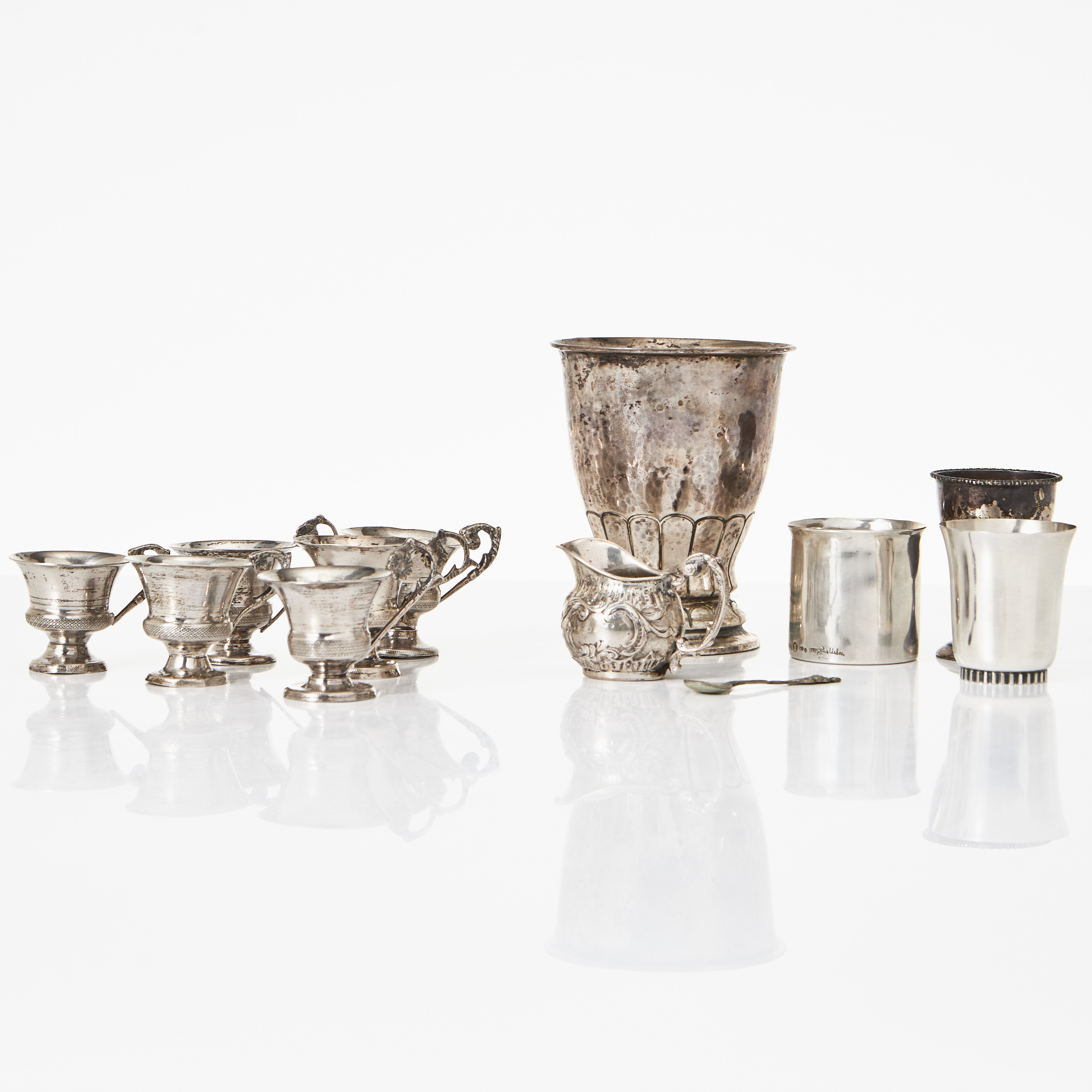 VAS, BÄGARE, 2 st, ÄGGKOPP, MUGGAR, 6 st, MINIATYRGRÄDDKANNA, KAFFESKEDAR, 12+12 st, silver, bl a K Anderson, MGAB, Rey Urban.