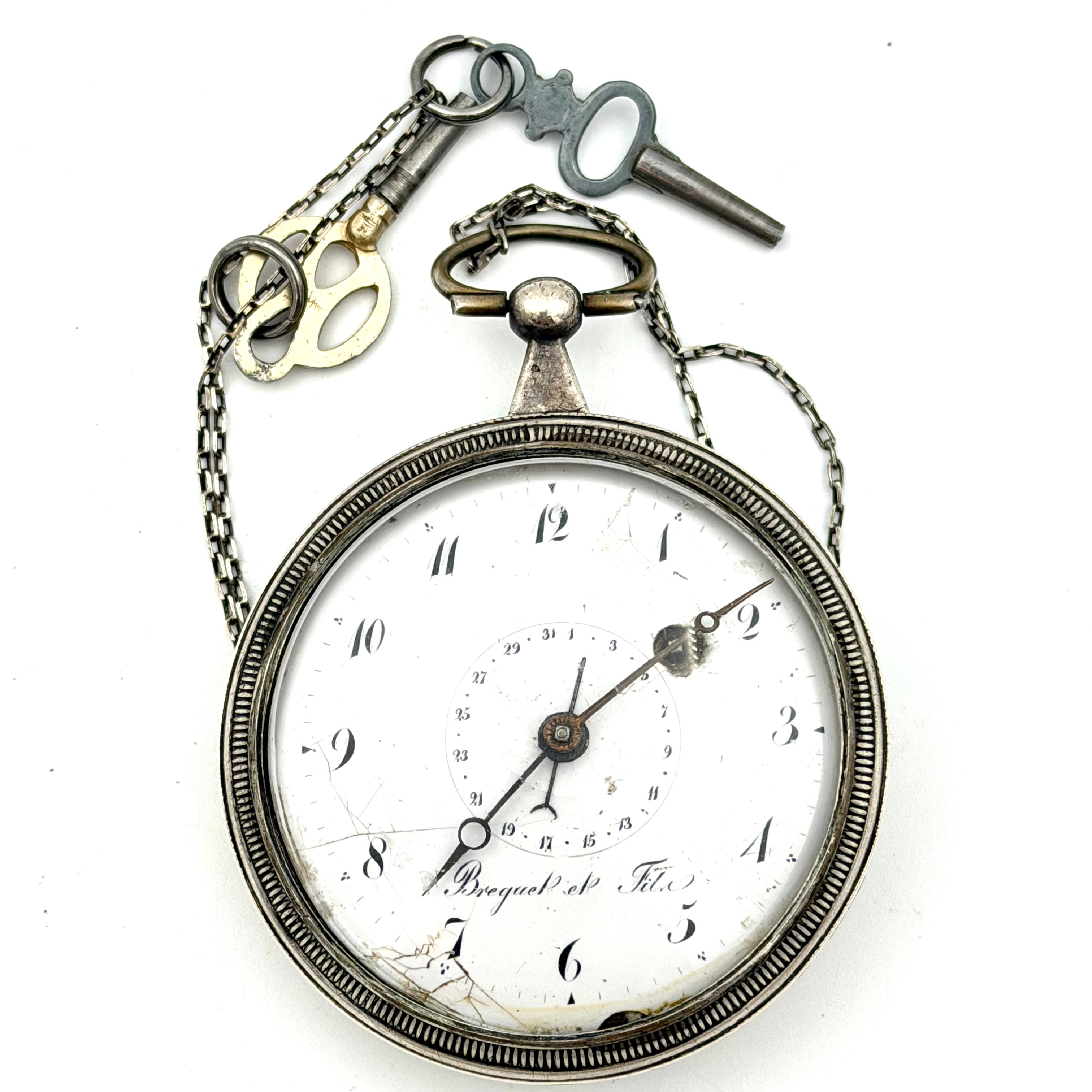 BREGUET ET FIL, Fickur, 1800-tal, nyckeldragare, spindelur, datumvisning, emaljerad urtavla med arabiska siffror märkt "Breguet et Fil", kedja med uppdragsnyckel(2).