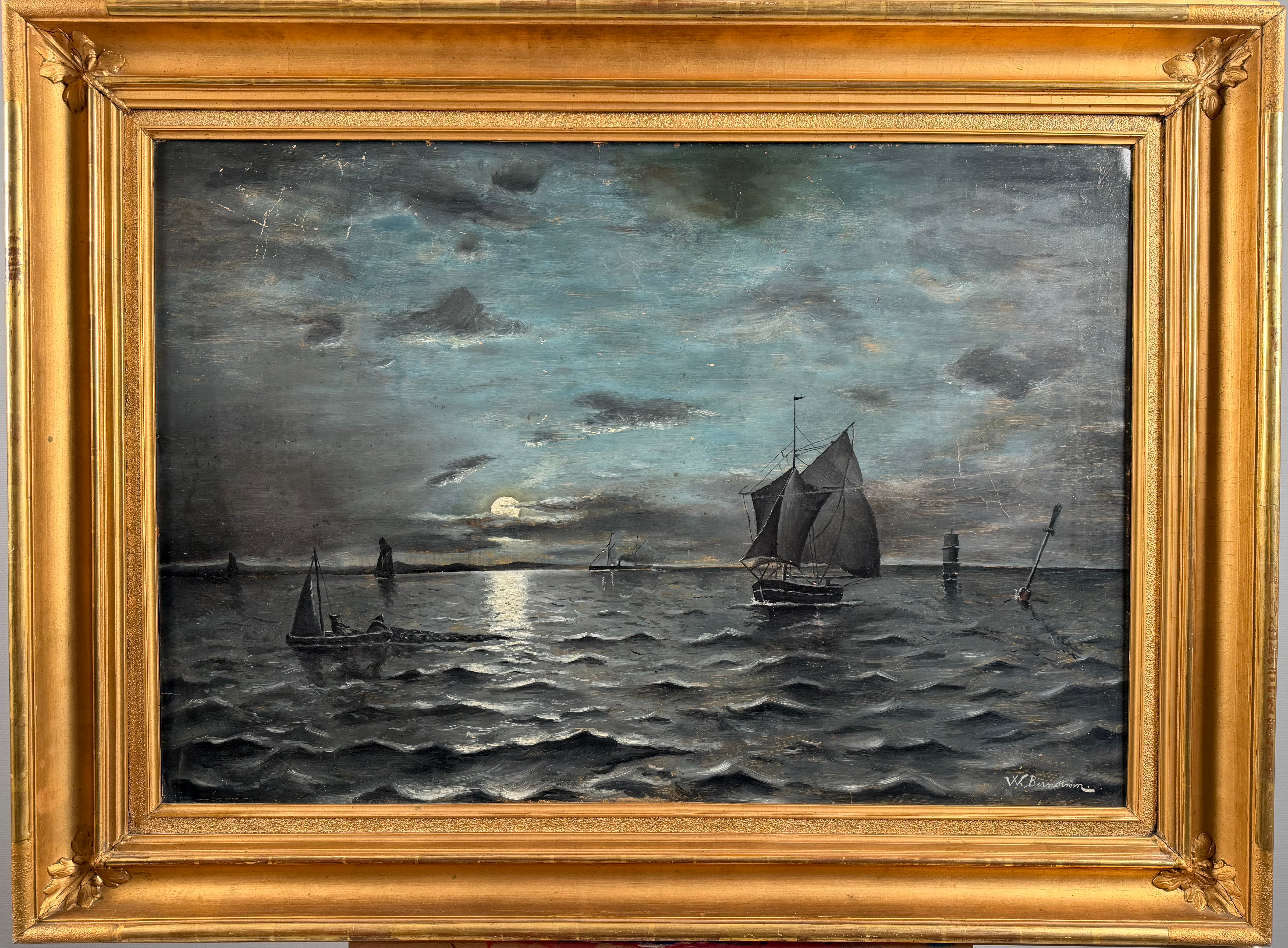 WILLIAM BERNSTRÖM (1879-1968). TILLSKRIVEN. Marin komposition med månsken, olja på pannå, signerad W Bernström, ca 85x113 cm.