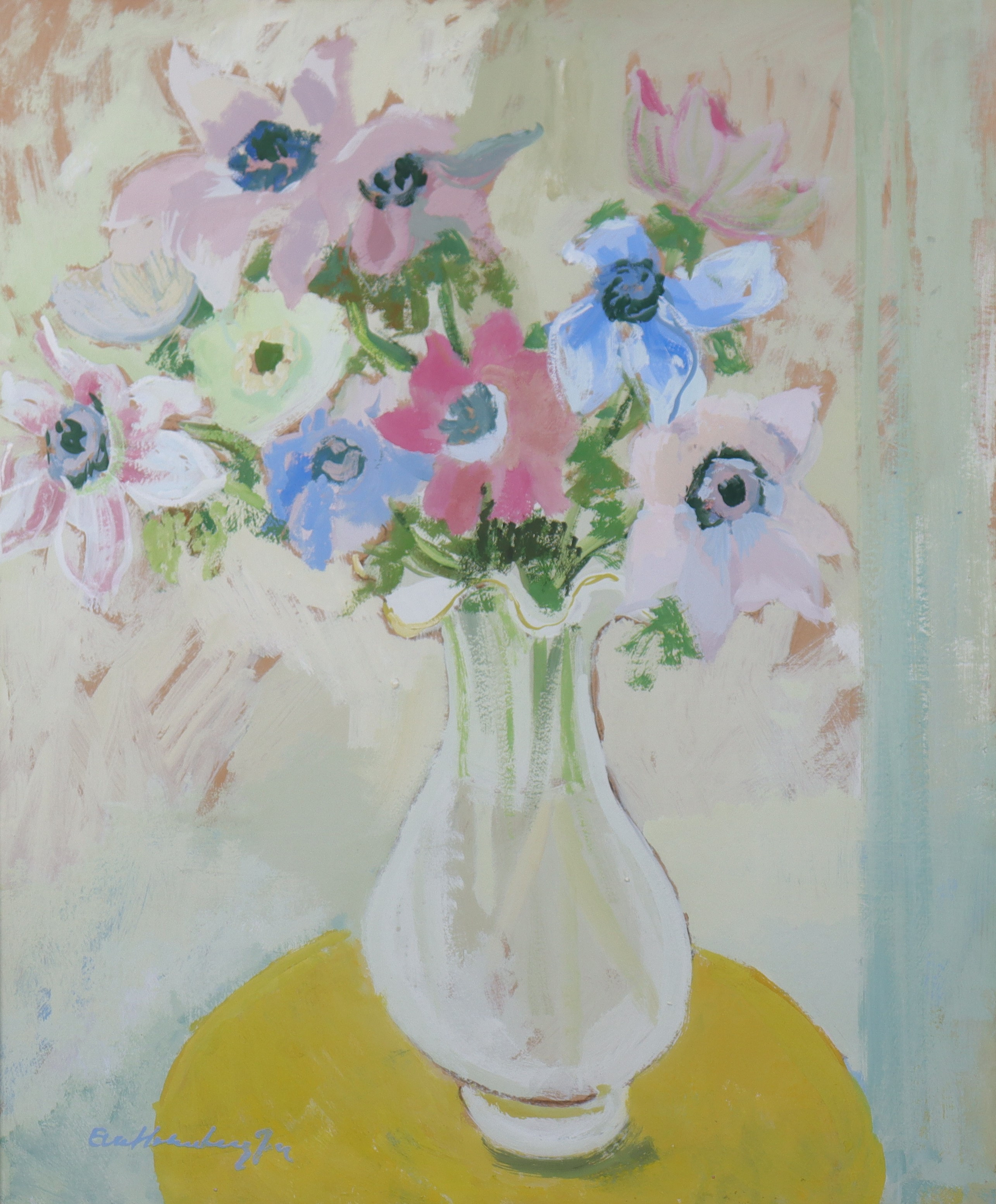 EVA HOLMBERG-JACOBSSON. pastell/akvarell, blomsterstilleben.