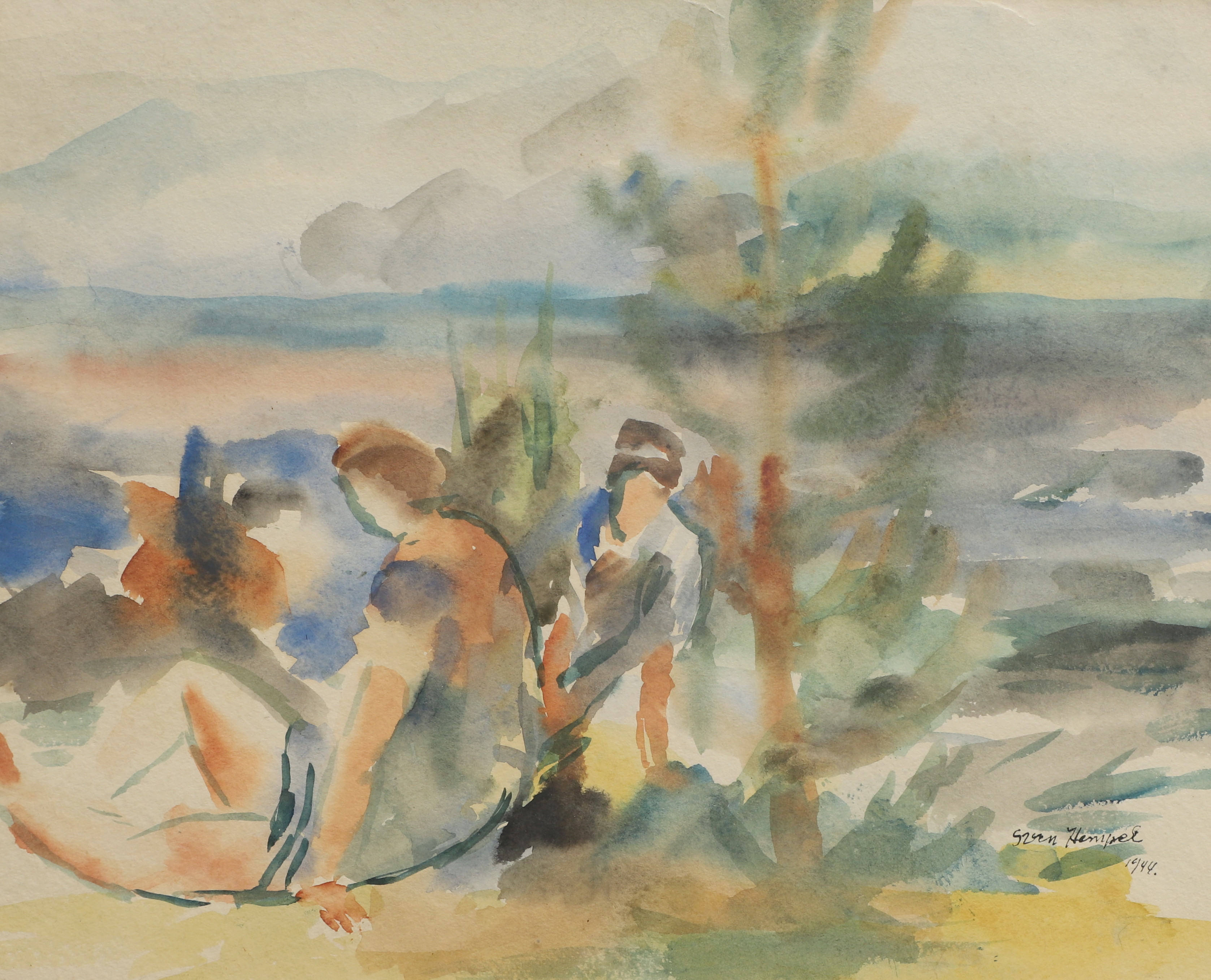 SVEN HEMPEL. Akvarell, vid stranden, signerad, daterad 1944.