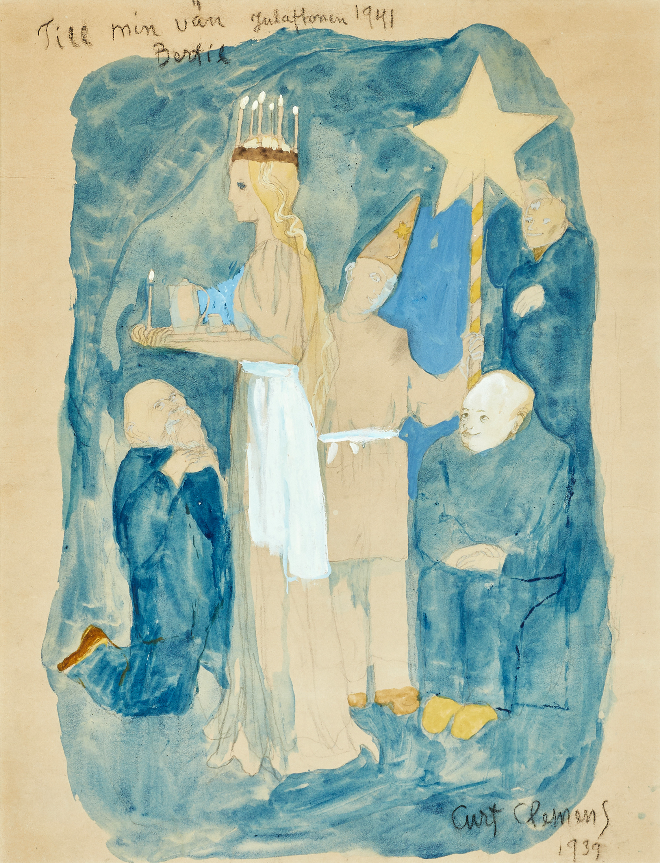 CURT CLEMENS (1911-1947). Luciatåg, signerad och daterad 1939, blandteknik på papper, med dedikation.