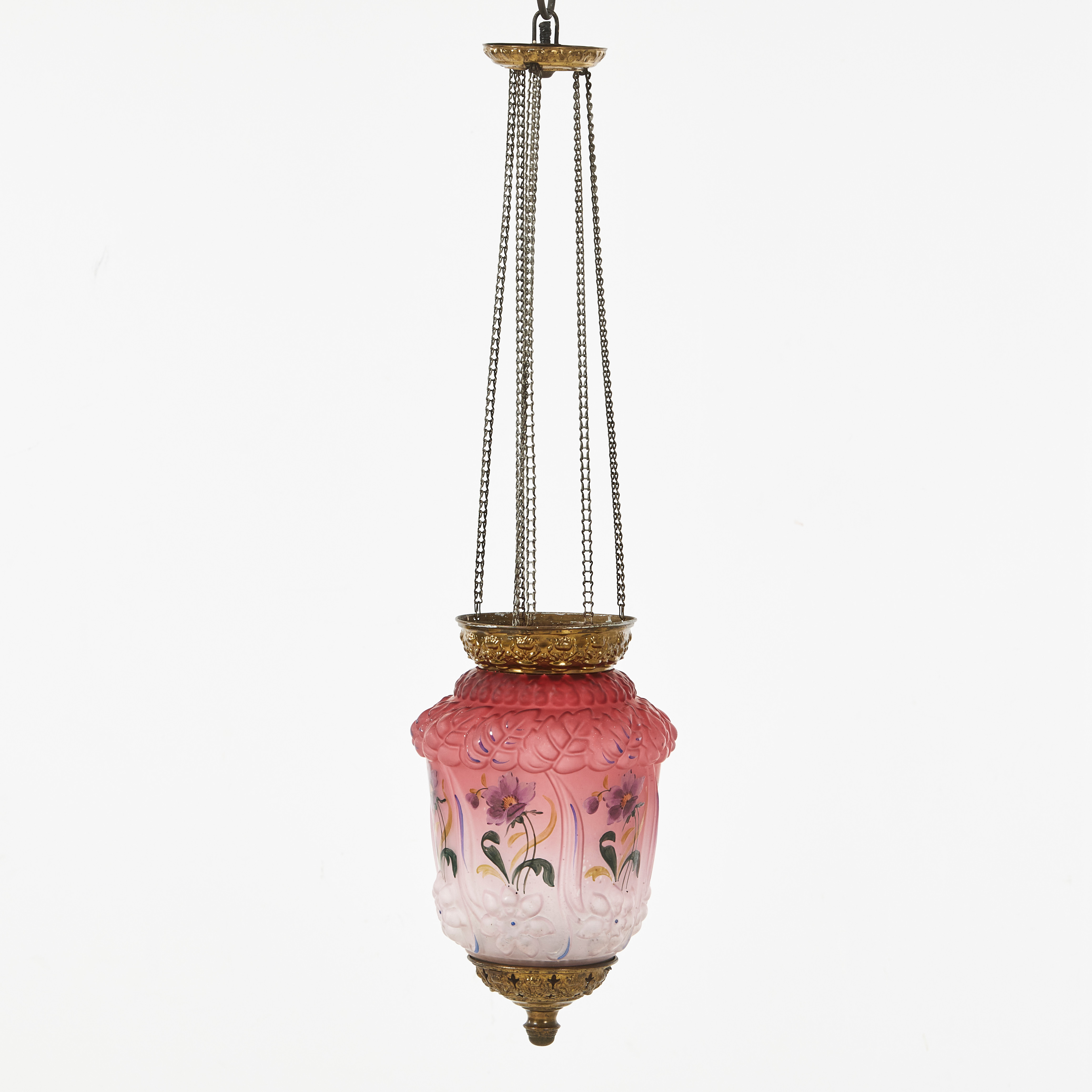 MÅNSKENSLAMPA, 1800-talets andra hälft, kupa i glas, dekor i emaljfärger, upphängning i mässing.