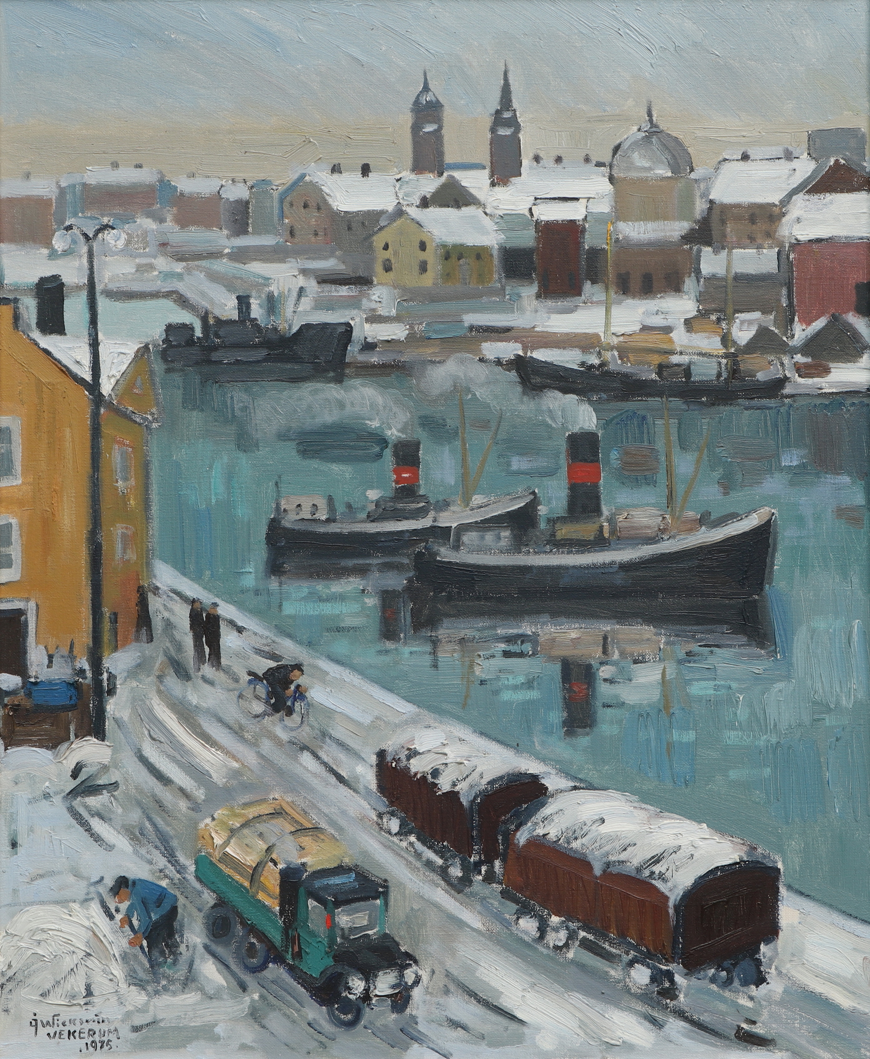 ÅKE WICKSTRÖM. Olja på duk, "Hamnen Karlshamn Händels. 1941", signerad, Vekerum, daterad 1975.