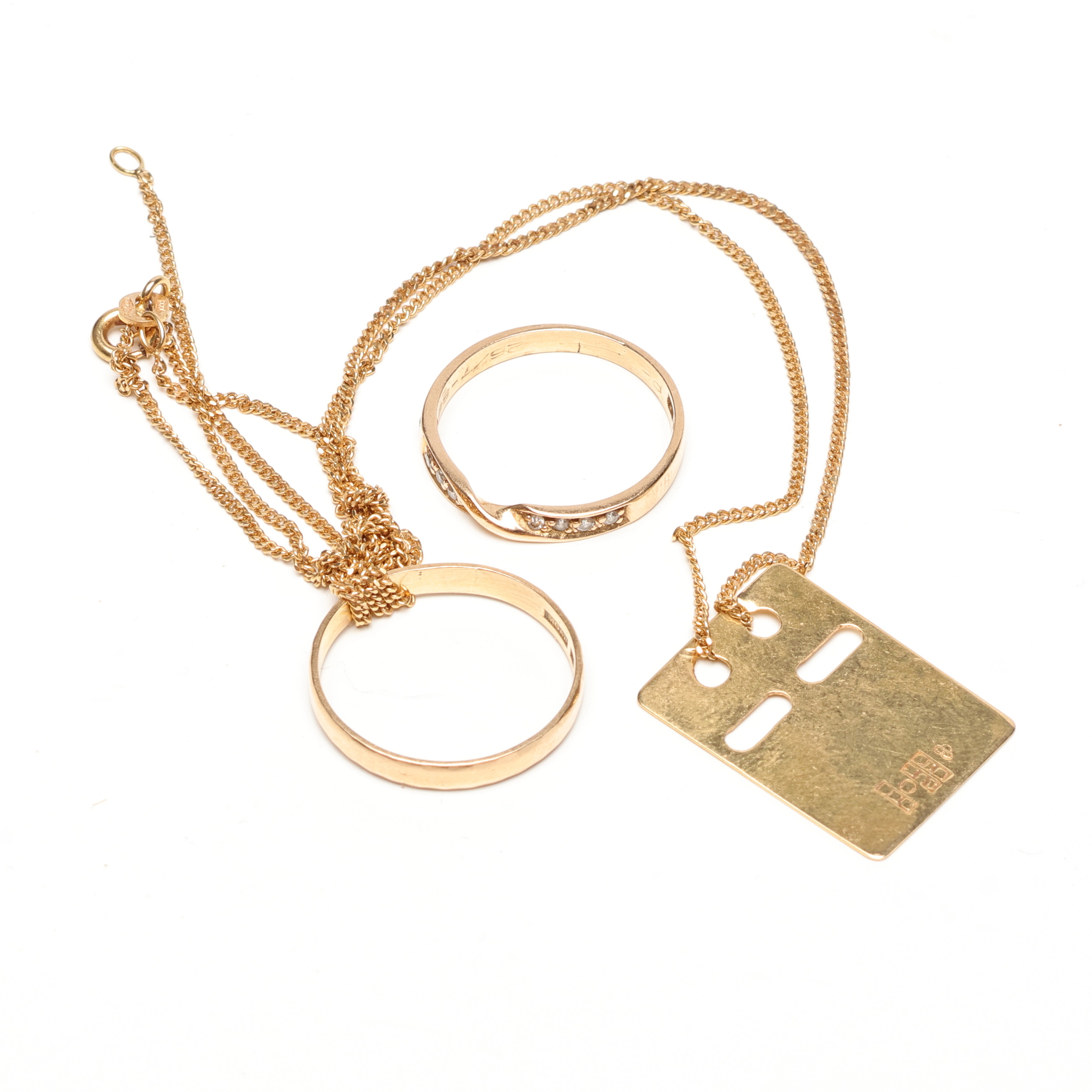 HALSBAND, 2 RINGAR samt HÄNGE, 18K, Guld, vikt cirka 8,5 gram.