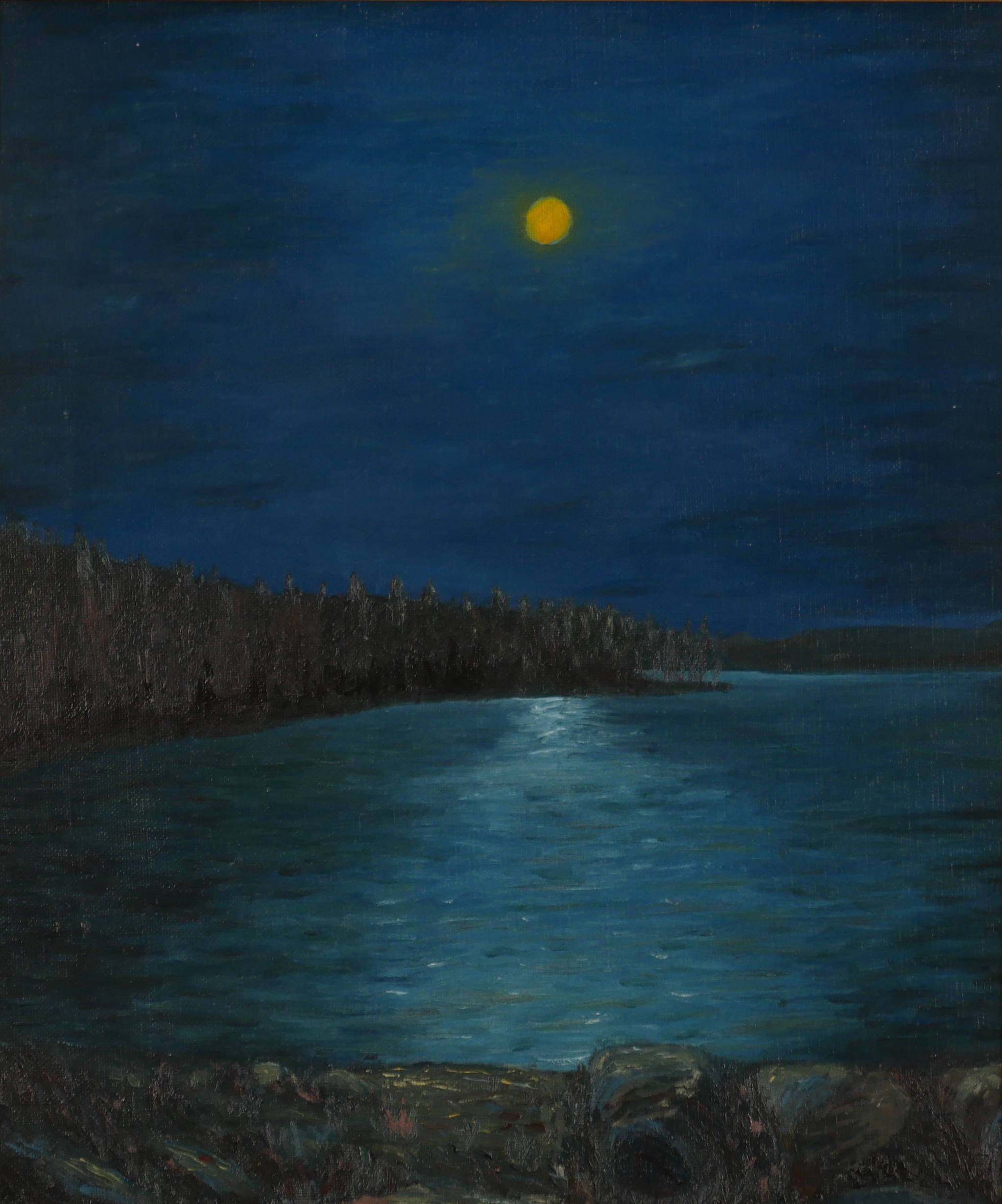 OIDENTIFIERAD KONSTNÄR. Månsken över vatten, olja på duk, 1951.