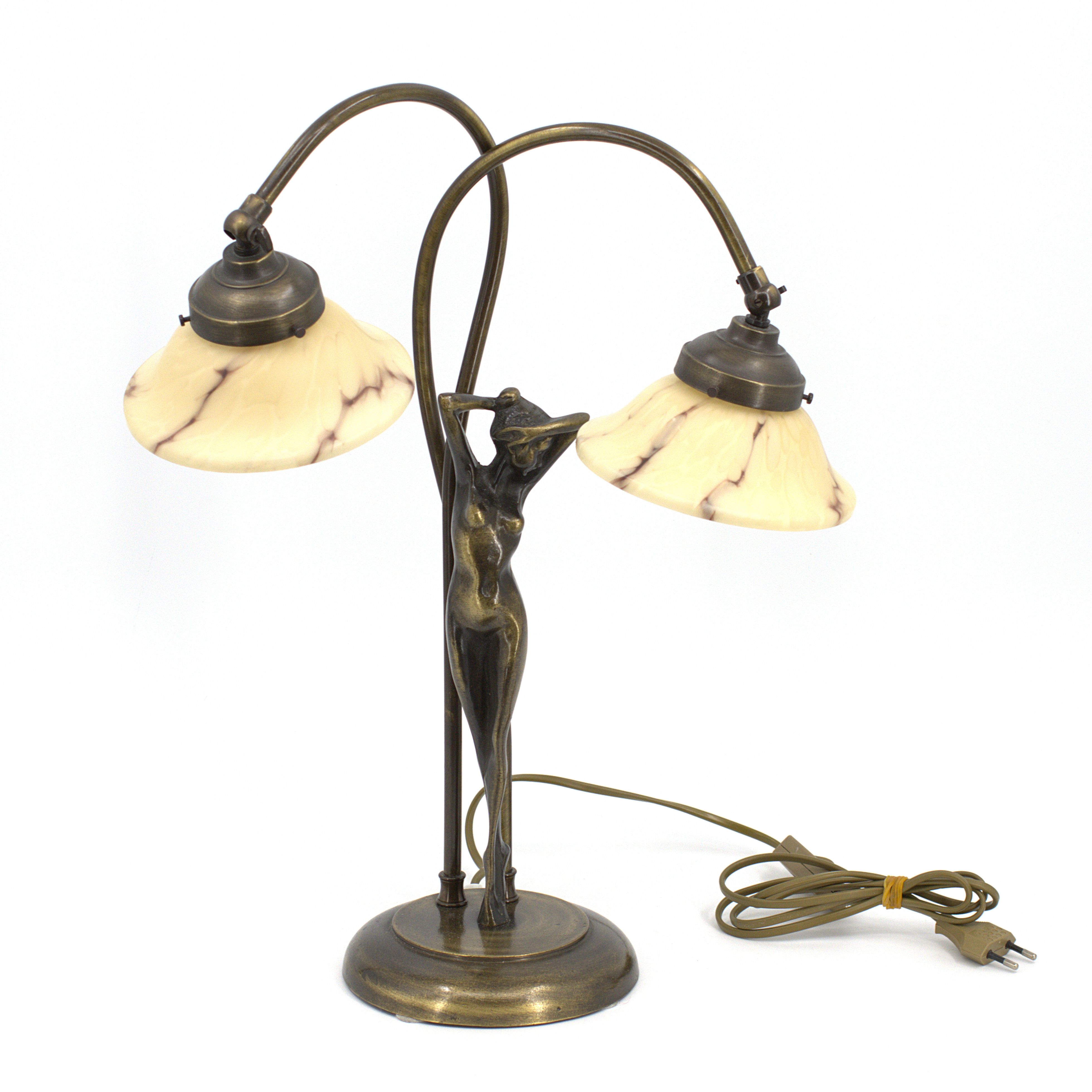 BORDSLAMPA, bronserad metall, dekor av kvinna, två ljuspunkter, kupor av glas, Lyktan, Bankeryd.