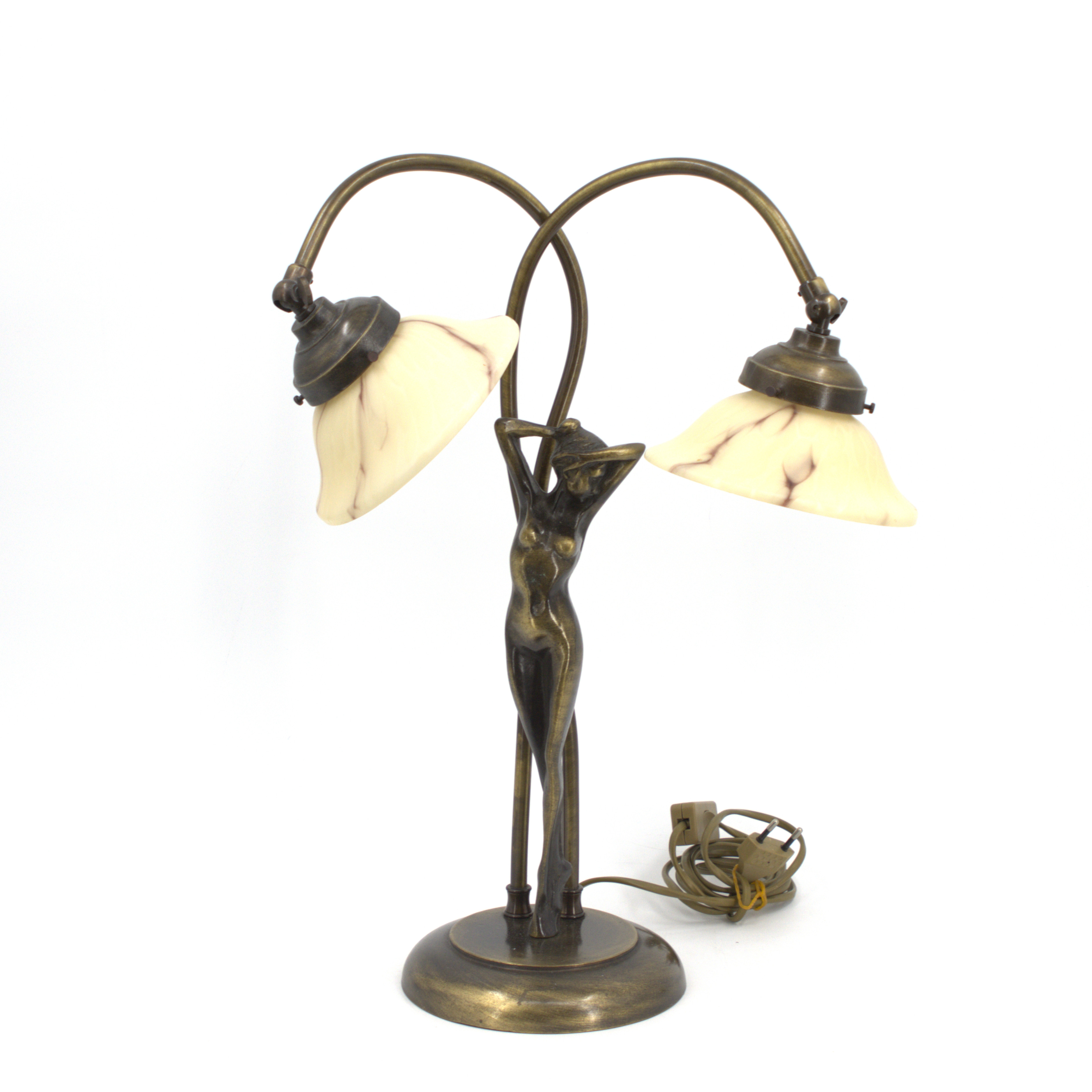 BORDSLAMPA, bronserad metall, dekor av kvinna, två ljuspunkter, kupor av glas, Lyktan, Bankeryd.