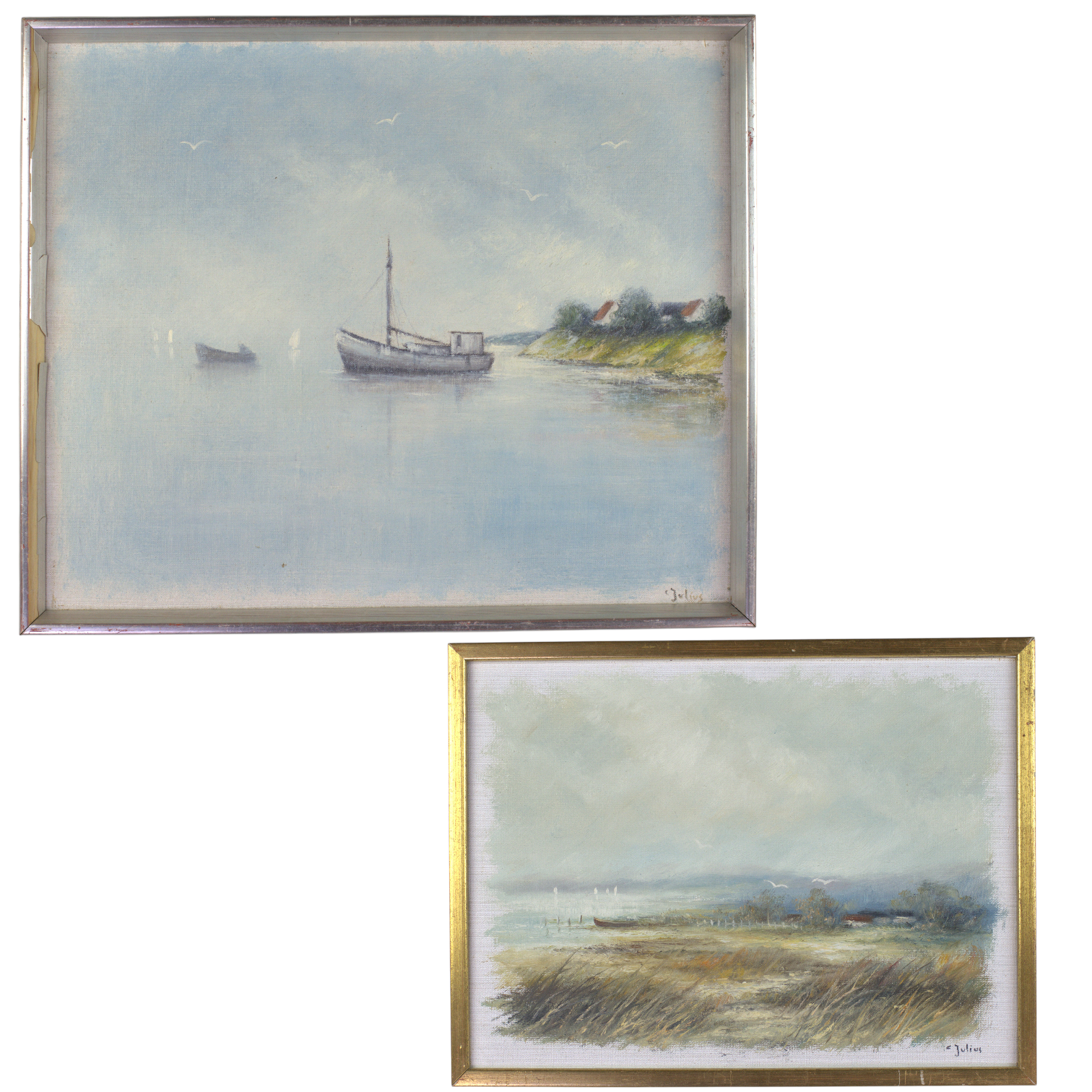 CARL JULIUS. Olja på duk, 2 st, strand resp. hamnmotiv med segelbåt, signerade.