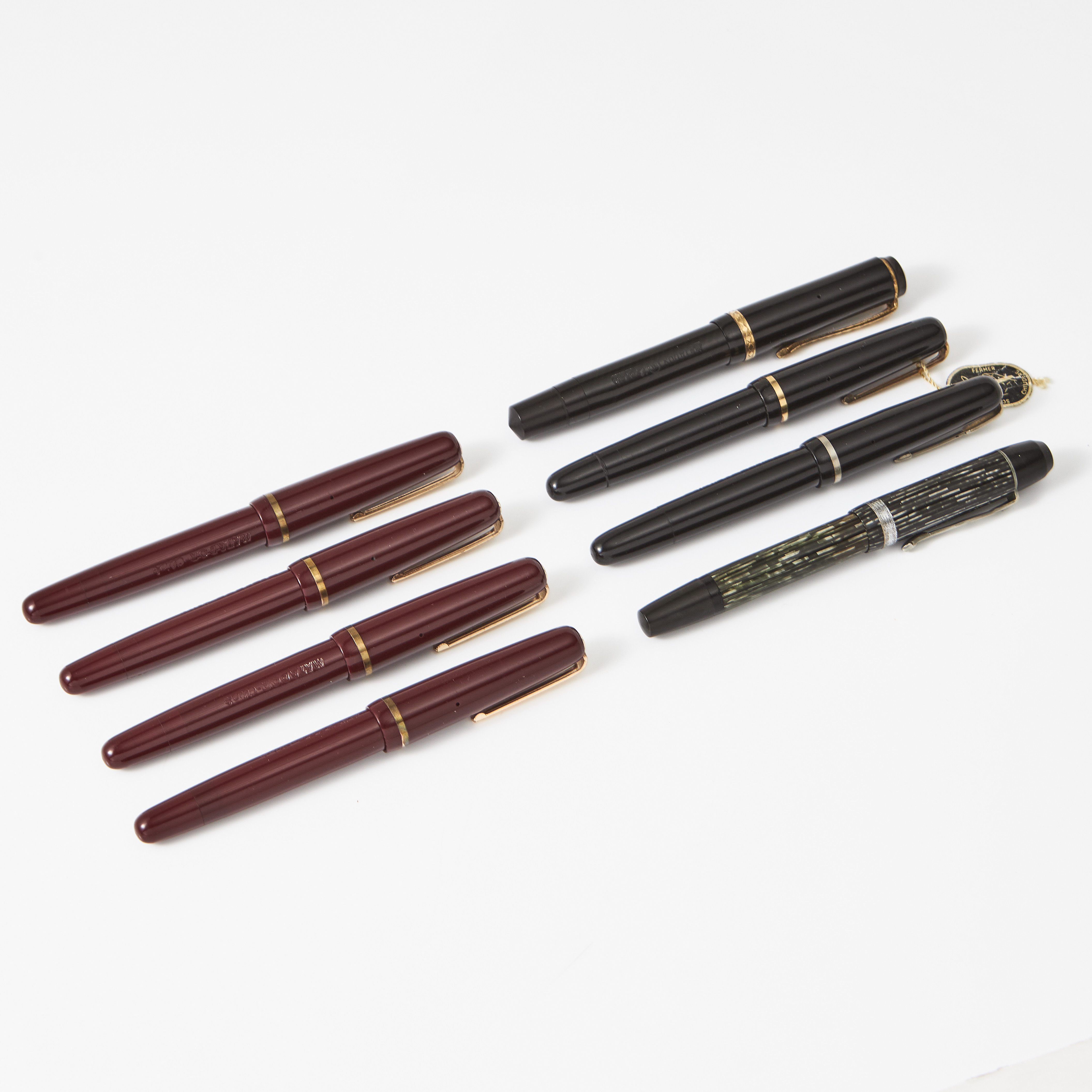 MATADOR, 8 st. reservoarpennor, "modell 1953", "Junior" "Express" "Click", "Garant" 14k guld spets, Tyskland.