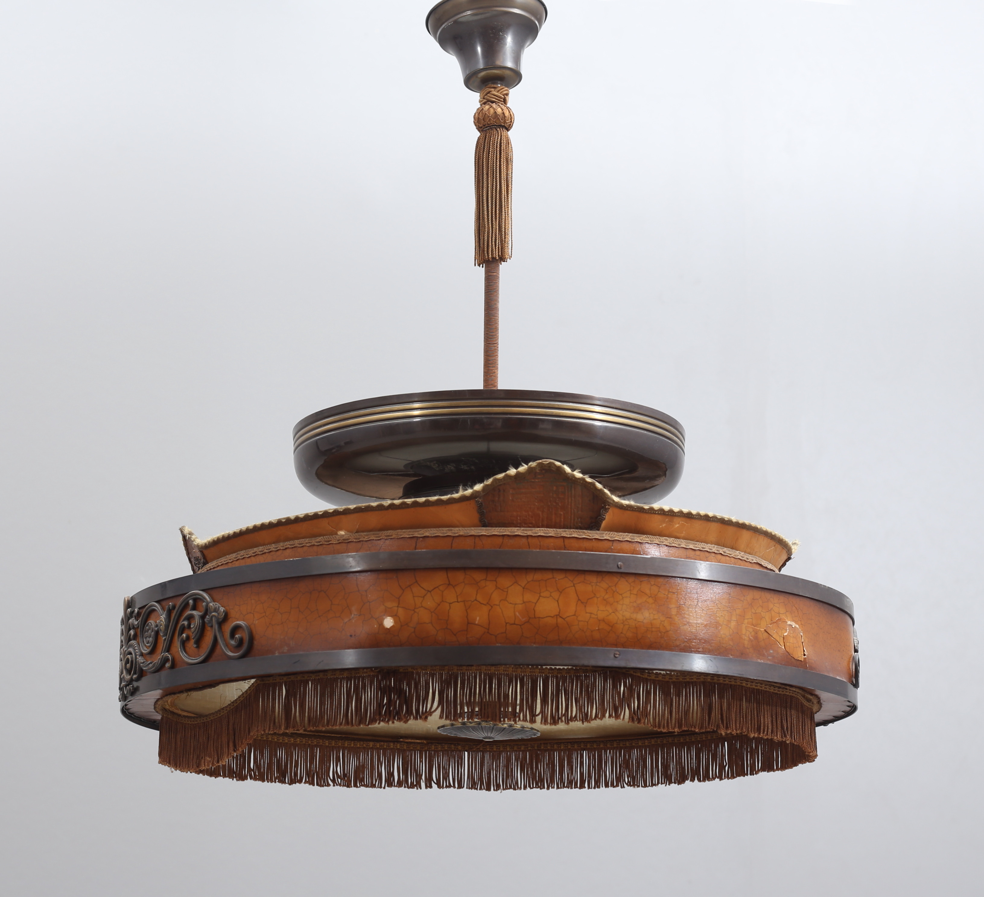 TAKLAMPA, patinerad metall & råglas, Swedish Grace, möjligen Einar Bäckström, 1900-talets första hälft.