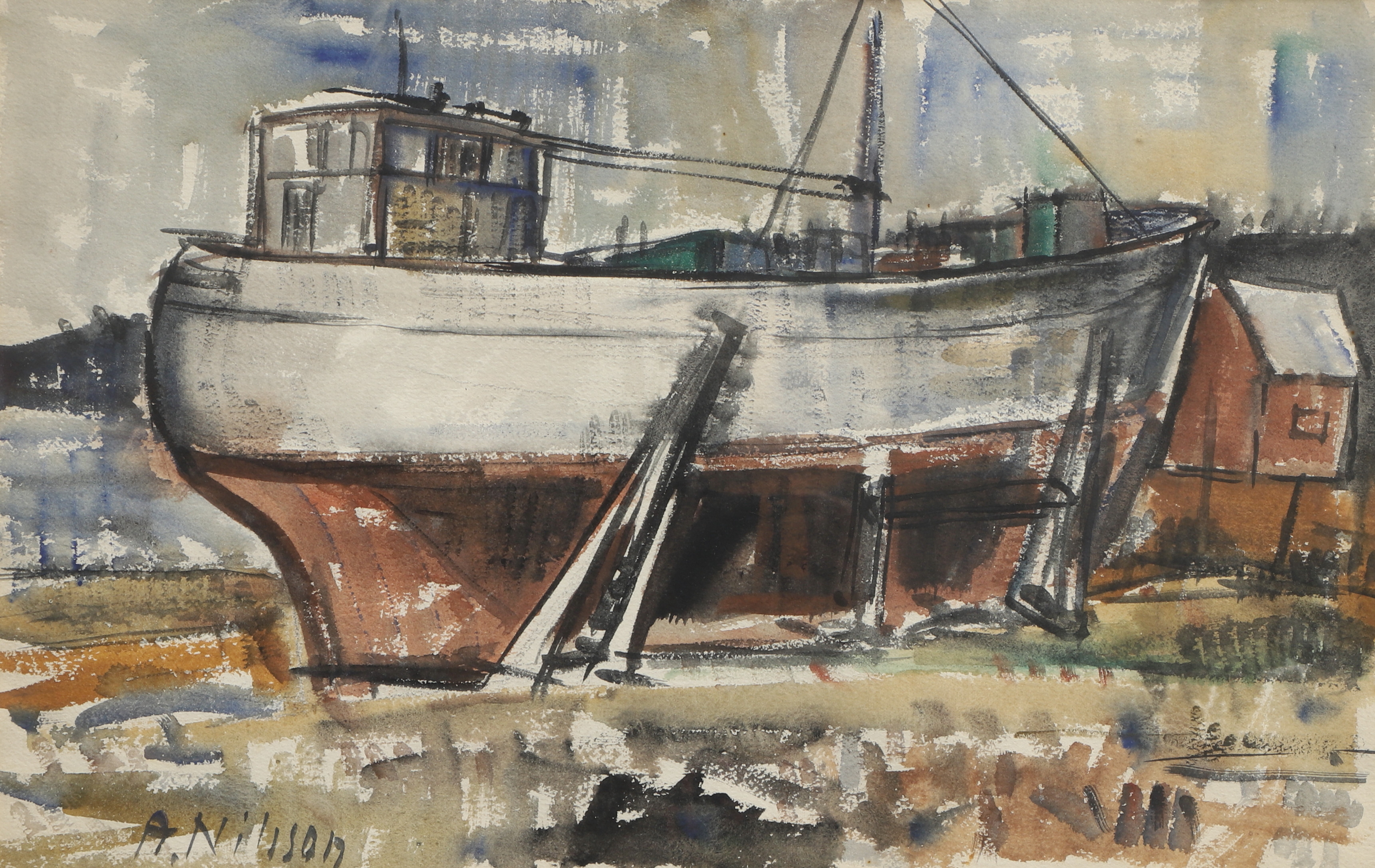 ARVID NILSSON. Akvarell, fiskeläge, signerad, 1900-tal.