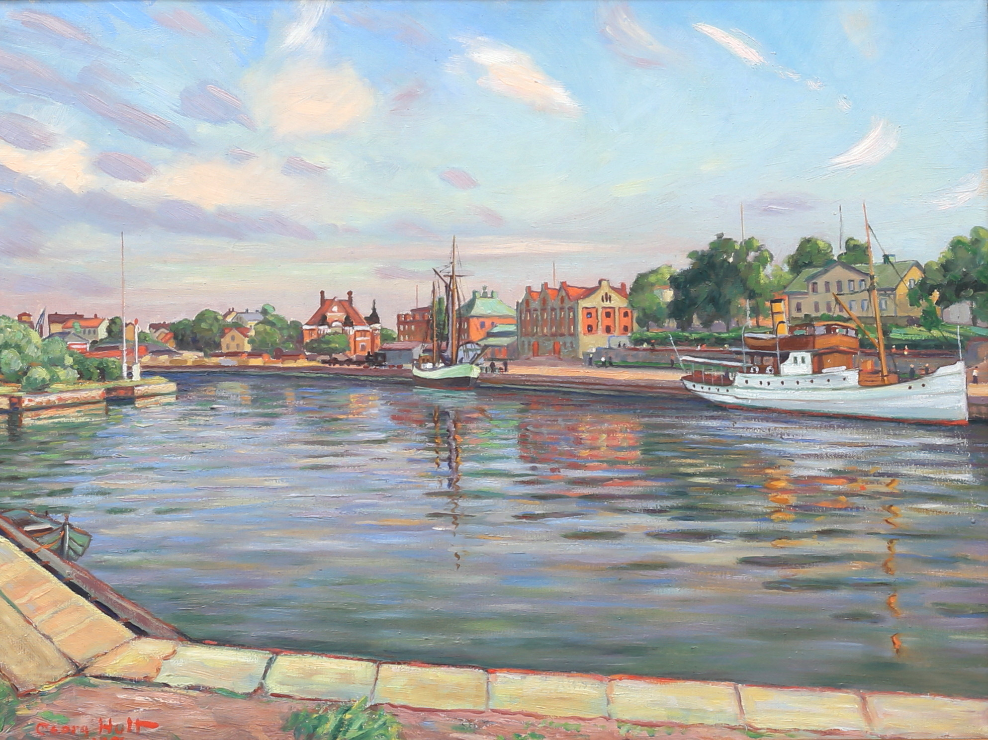 GEORG HULT. Södra kajen, Oskarshamn. Olja på duk, signerad och daterad 1951.