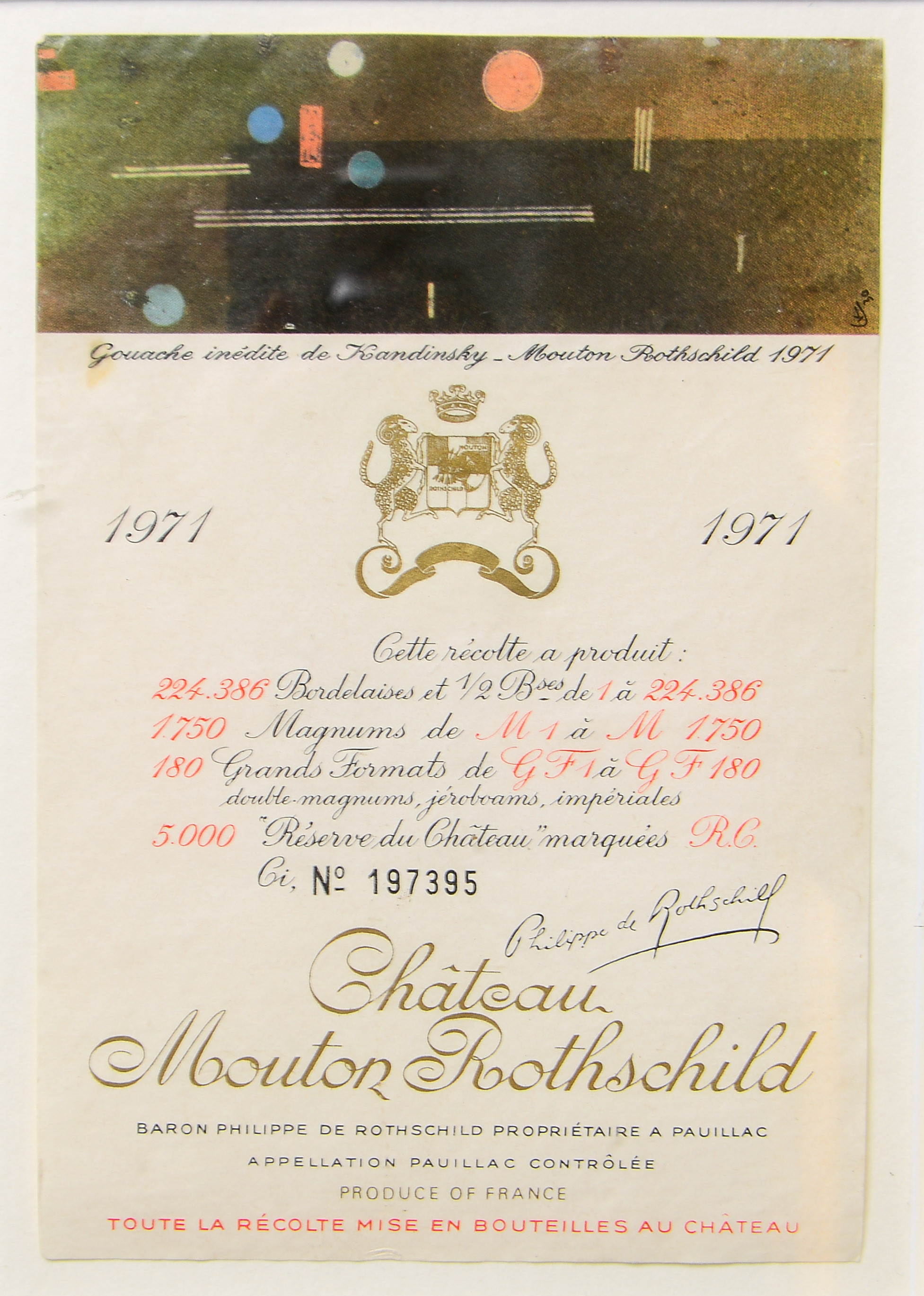 CHATEAU MOUTON ROTHSCHILD, vinetikett med grafik efter Wassily Kandinsky, 1971.