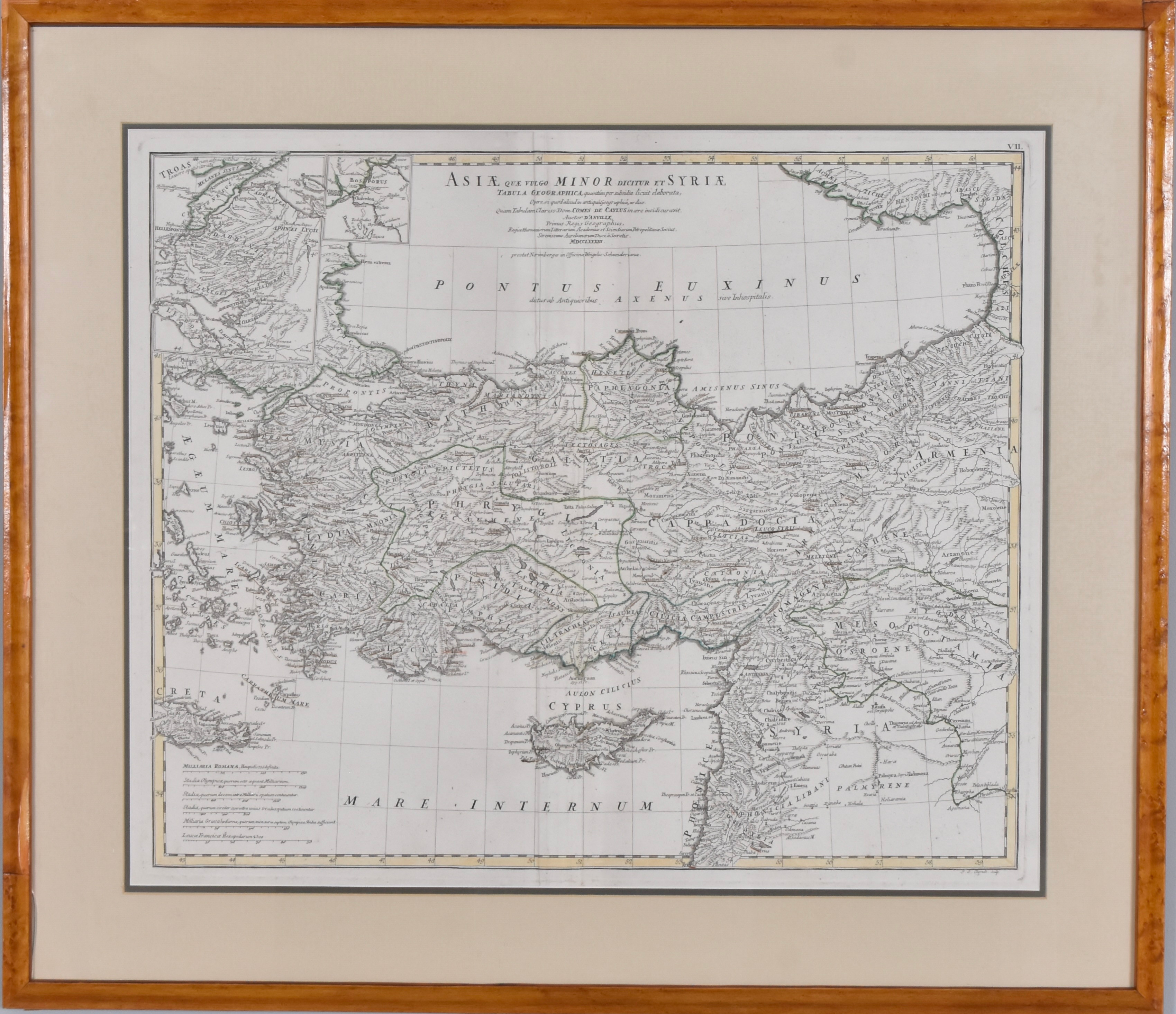 D'ANVILLE, JEAN BAPTISTE BOUGUIGNON. karta, kopparstucken och handkolorerad, Asiae quae vulgo Minor Dicitur et Syriae.