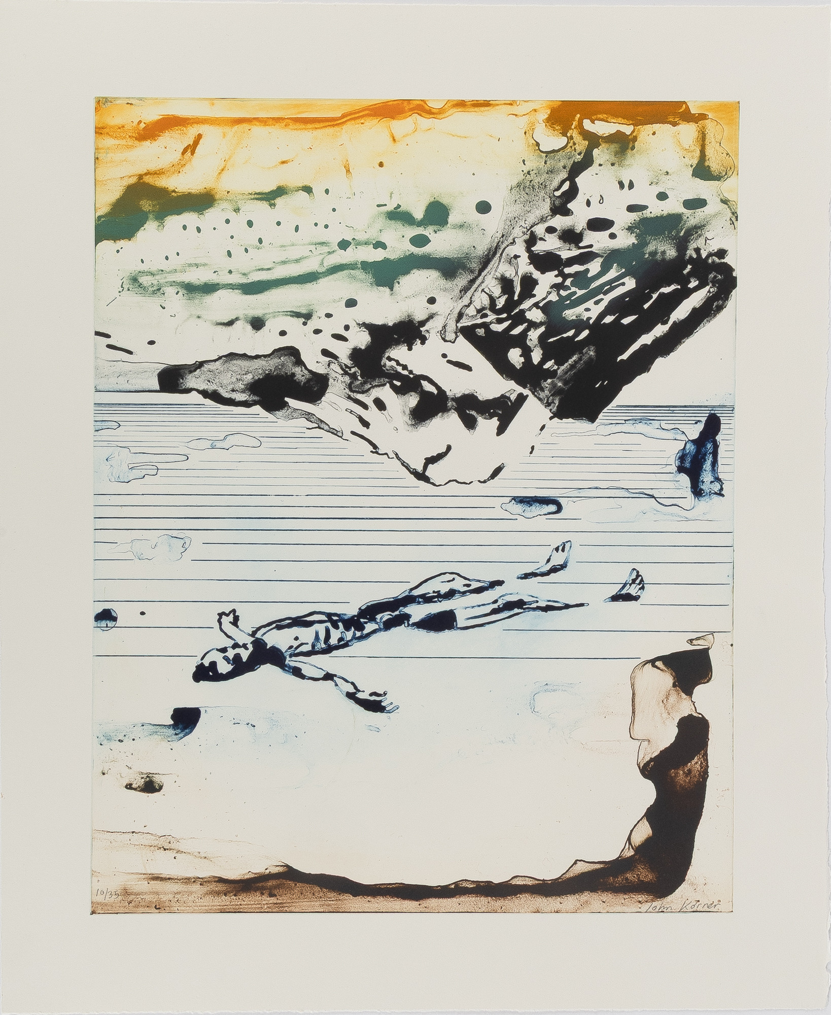 JOHN KÖRNER (DANMARK, FÖDD 1967). "Totally Relaxes With the Mountain", ur serien Running, 2018, etsning, oramat blad.