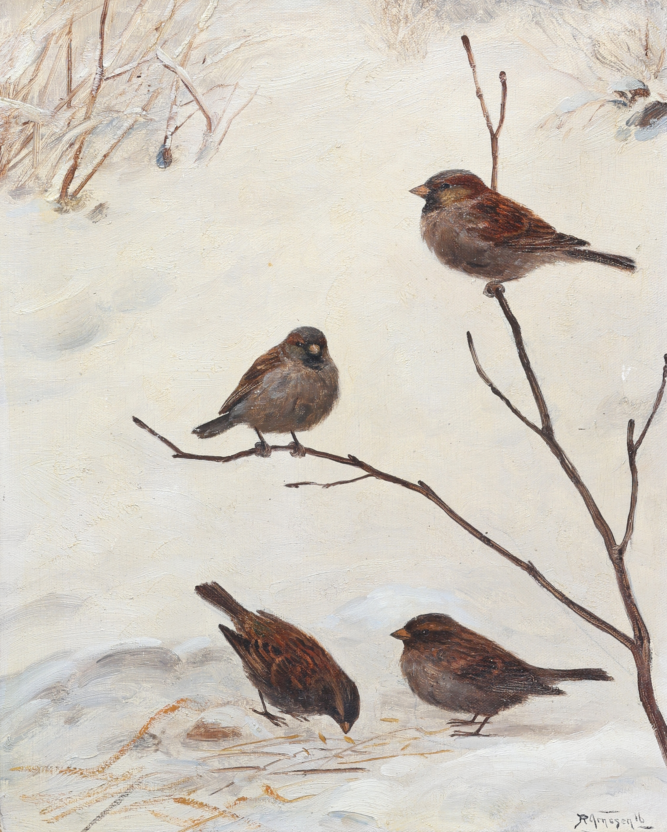 REINHARD ARNESEN. olja på duk, Vinter fåglar, Signerad.