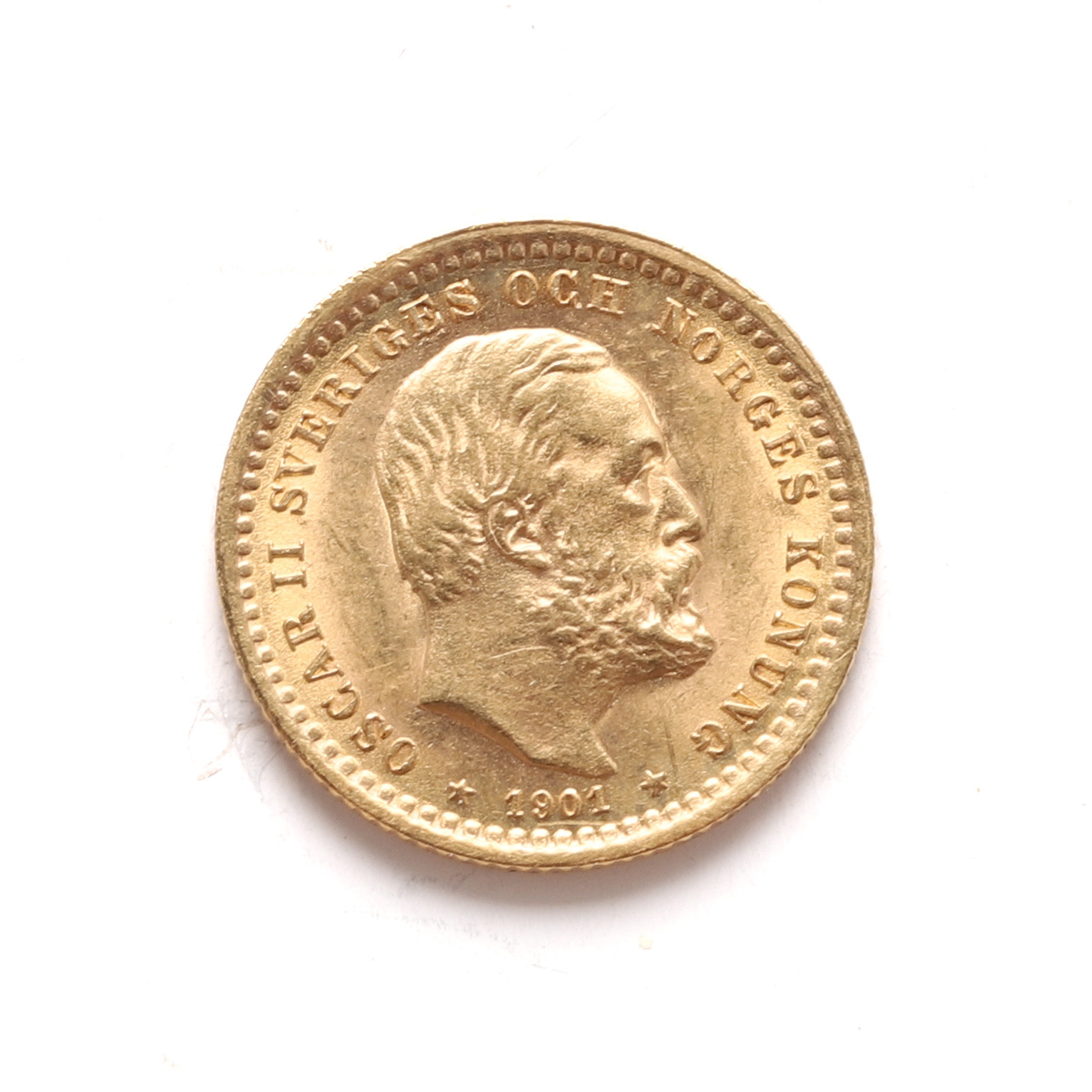 GULDMYNT, 5 kronor, Oscar II Sverige och Norge 1901. 21,6K guld. Vikt ca 2,2 gram.