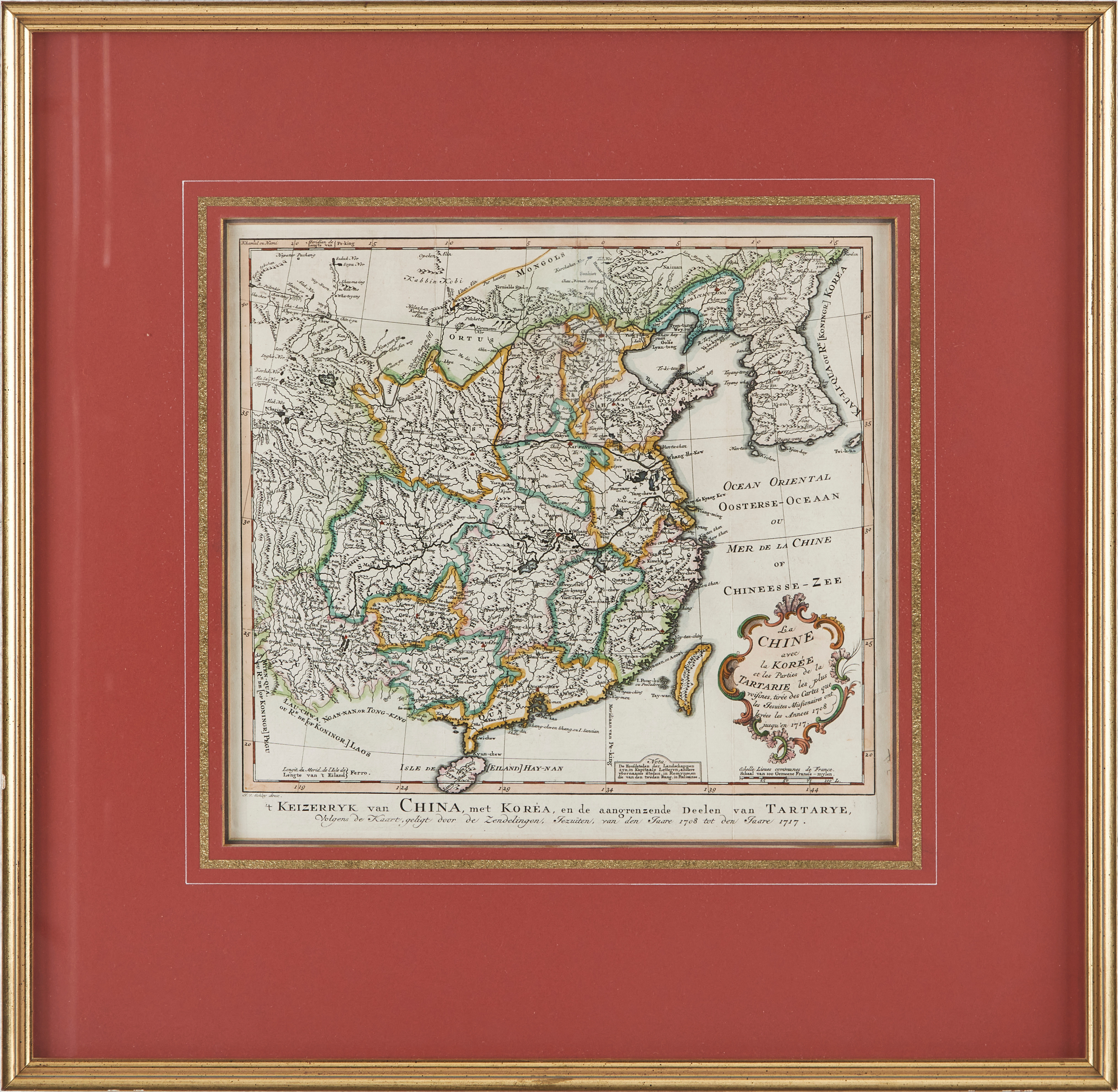 KARTA. La Chine avec la Korée et les Parties de la Tartarie. Javob van der Schley 1700-tal. Delvis kolorerad.